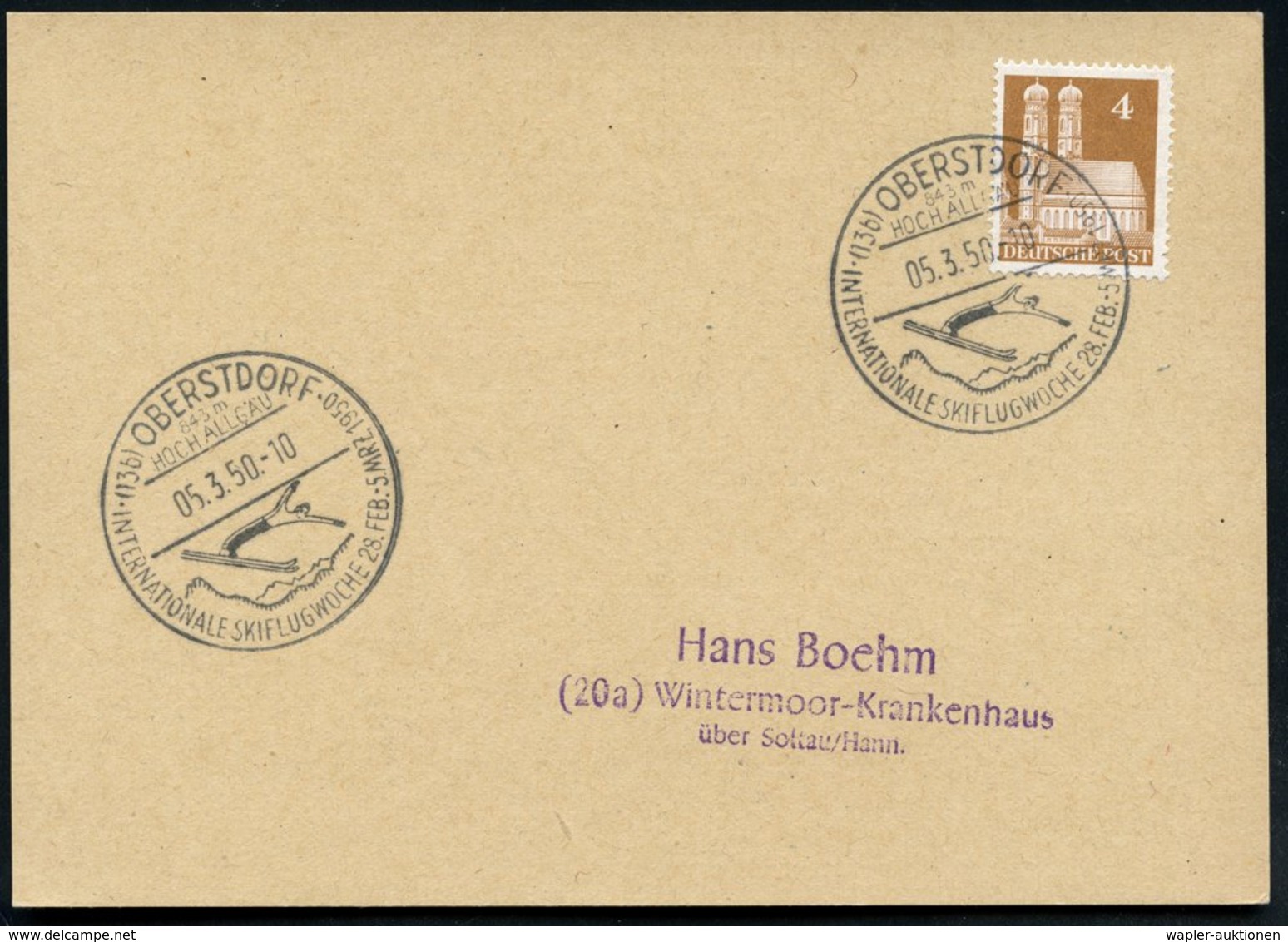 1950 (5.3.) (13 B) OBERSTDORF, Sonderstempel: INTERNAT. SKIFLUGWOCHE.. (Skispringer) Inl.-Karte (Bo.9) - Skispringen / S - Other & Unclassified