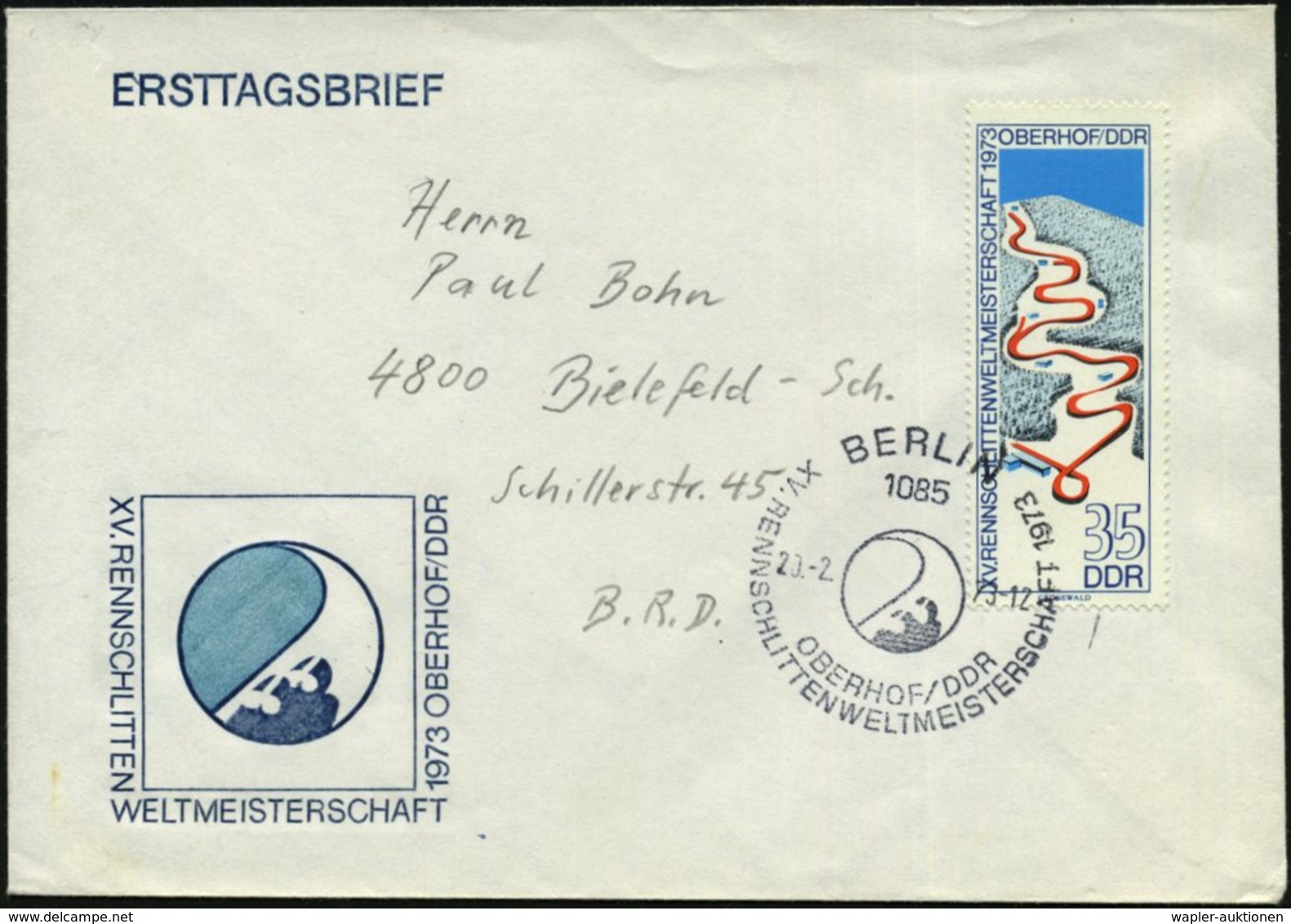 1973 (20.2.) 1085 BERLIN, Sonderstempel: OBERHOF DDR, XV. RENNSCHLITTENWELTMEISTERSCHAFT 1973 (Schlittenlogo) Auf Passen - Other & Unclassified