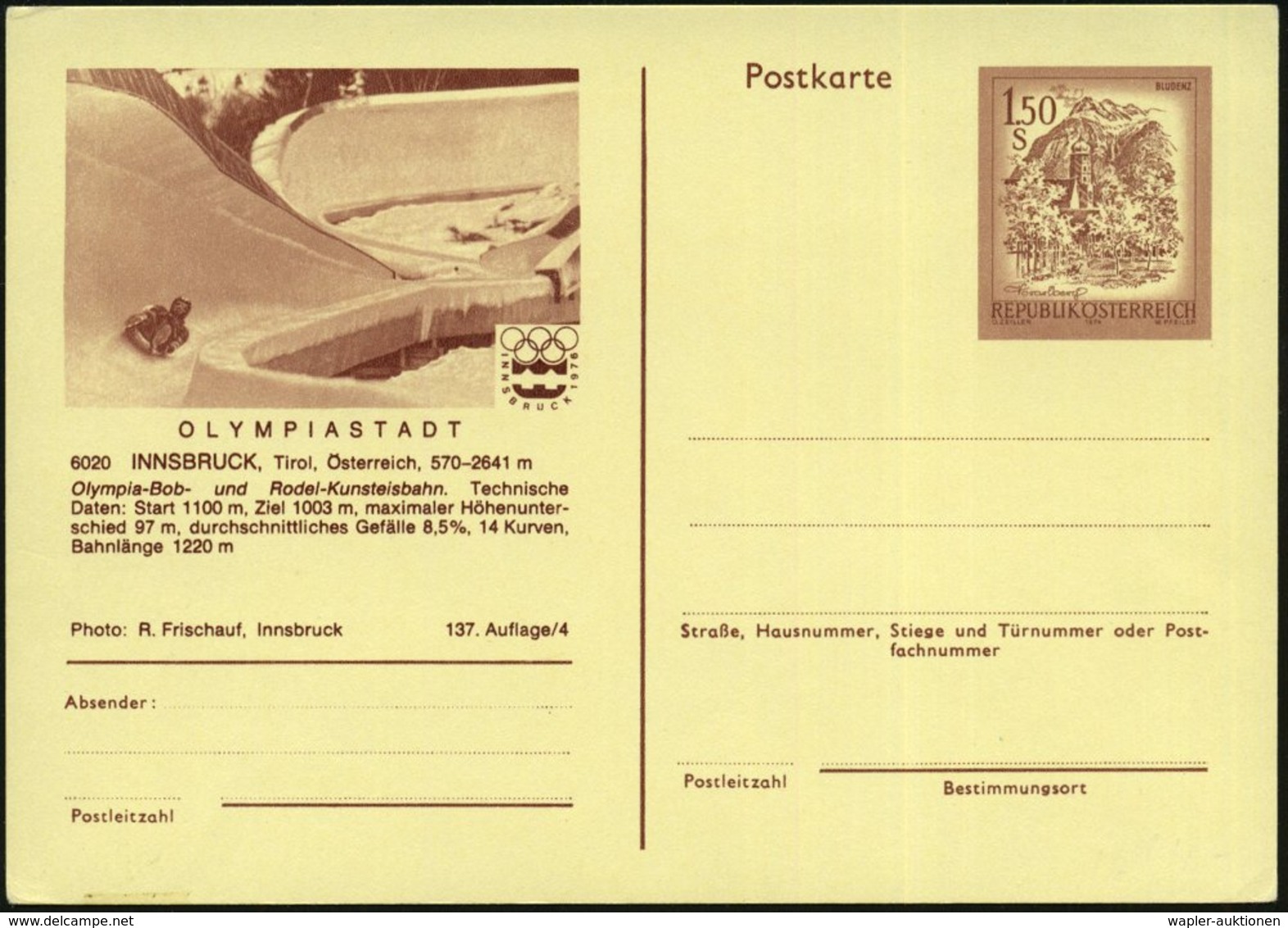 1976 ÖSTERREICH, 1,50 S. Sonder-Bild-Ganzsache: Winter-Olympiade Innsbruck: Rodeln Bzw. 2er-Bob, Je Ungebr., 2 Belege (M - Altri & Non Classificati