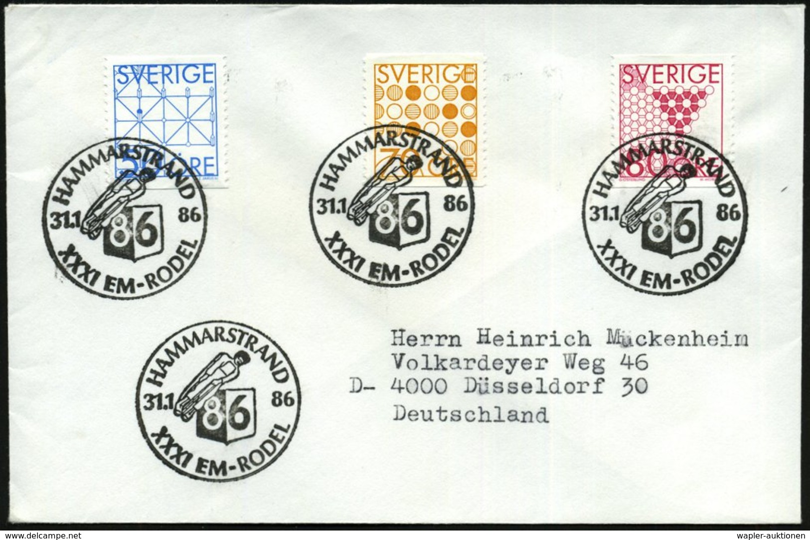 1986 (31.1.) SCHWEDEN, Sonderstempel: HAMMARSTRAND, XXXI EM-RODEL (Rodler) =  31.Rodel-EM, Ausl.-Brief - Bob & Rodeln /  - Other & Unclassified