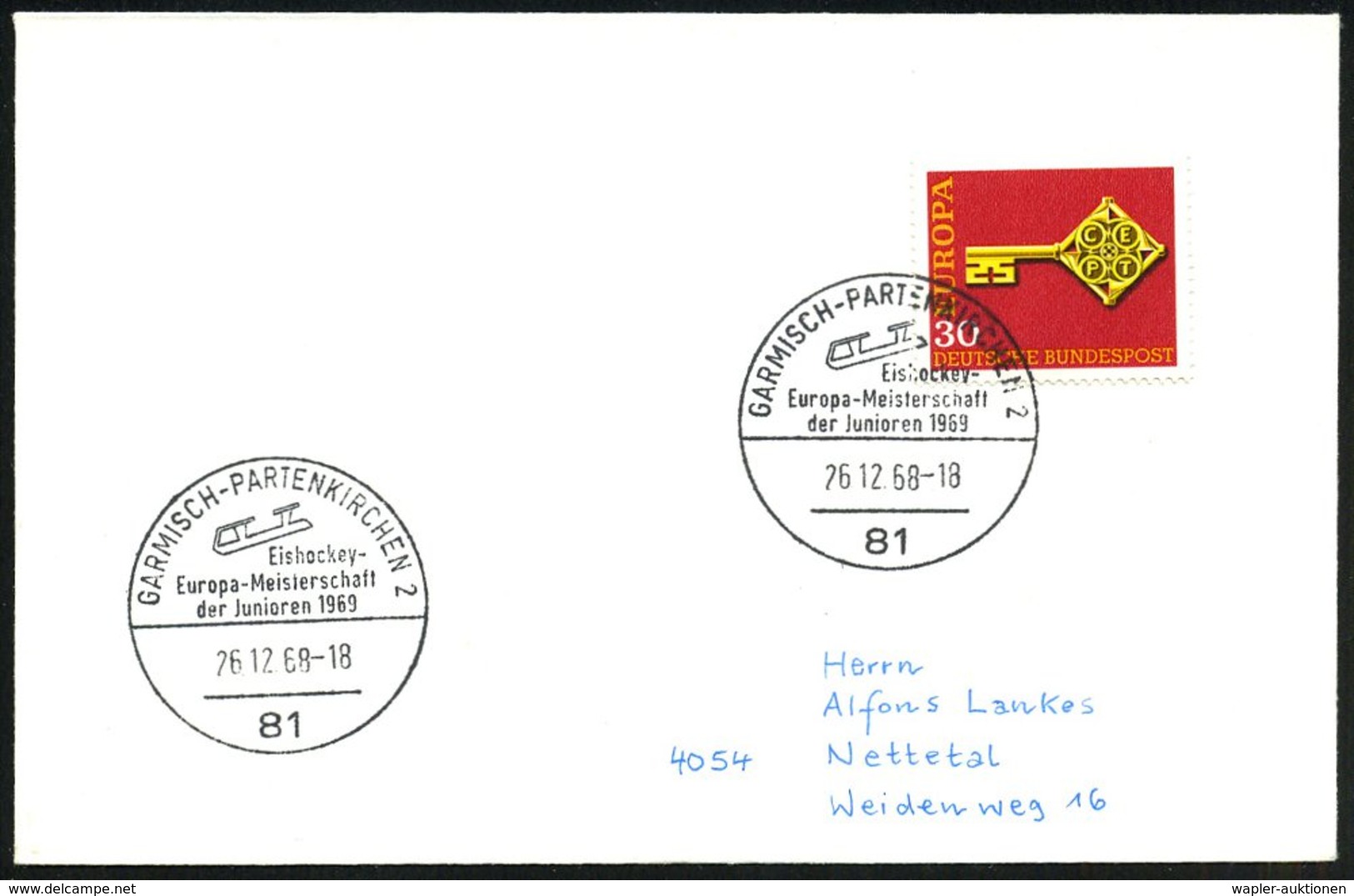 1968 (26.12.) 81 GARMISCH-PARTENKIRCHEN 2, Sonderstempel: Eishockey-Europa-Meisterschaften Der Junioren (Kufe) Inl.-Kart - Other & Unclassified