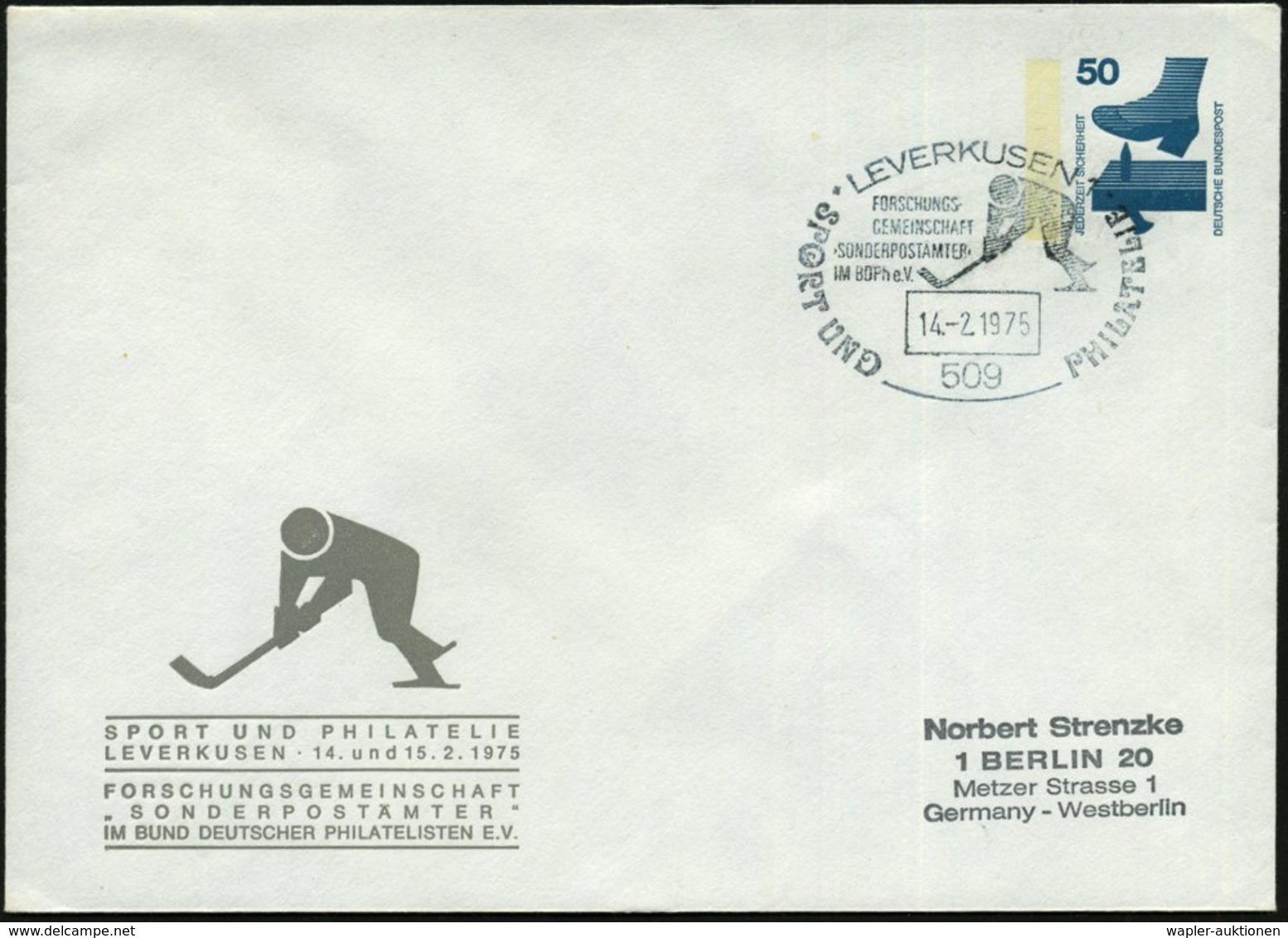 1975 (14.2.) 509 LEVERKUSEN 1, Sonderstempel: SPORT UND PHILATELIE.. = Eishockey-Piktogramm Auf Motivgleicher PU 50 Pf.  - Other & Unclassified