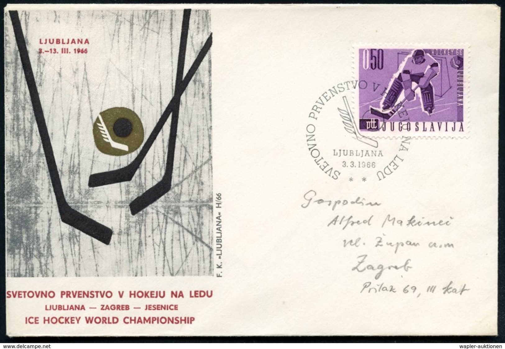 1966 (3.3.) JUGOSLAWIEN, 0,50 Din. Eishockey-WM + Passender Sonderstempel: LJUBLJANA Auf Passendem Sonderumschlag (Mi.11 - Otros & Sin Clasificación