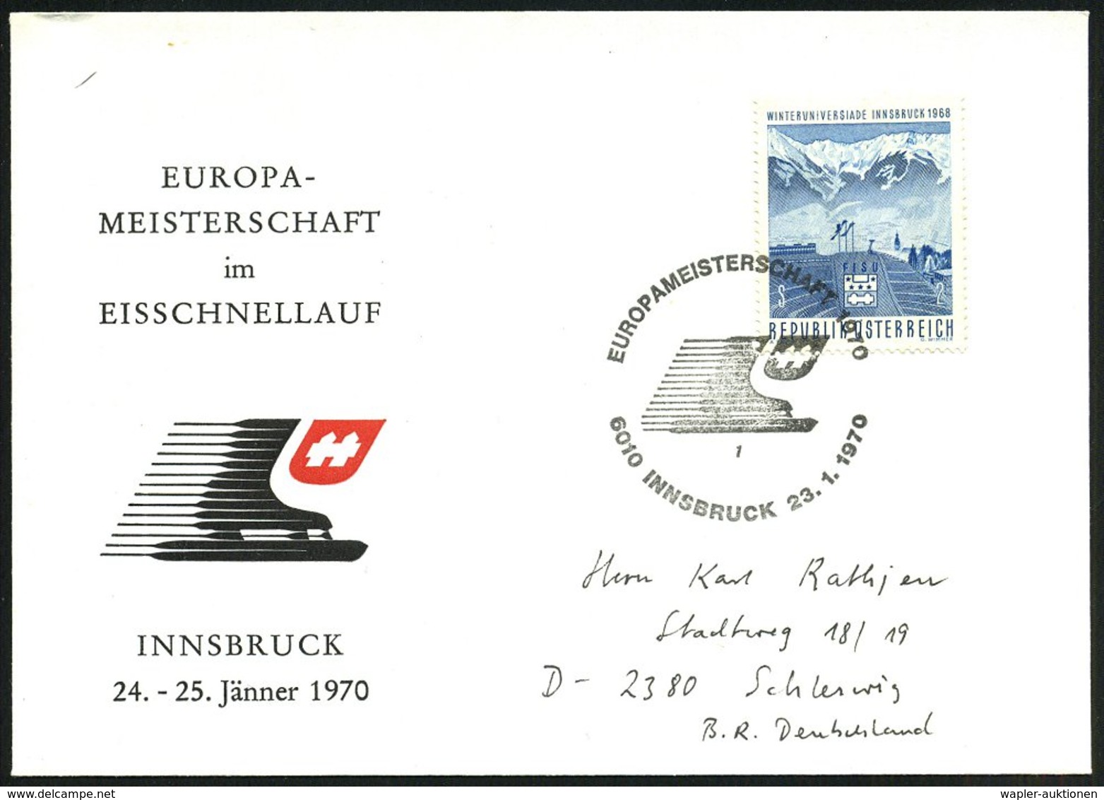 1970 (23.1.) ÖSTERREICH, 2 S. Winteruniversade Innsbruck, EF + Sonderstempel: 6010 INNSBRUCK, EUROPAMEISTERSCHAFT (Eissc - Other & Unclassified