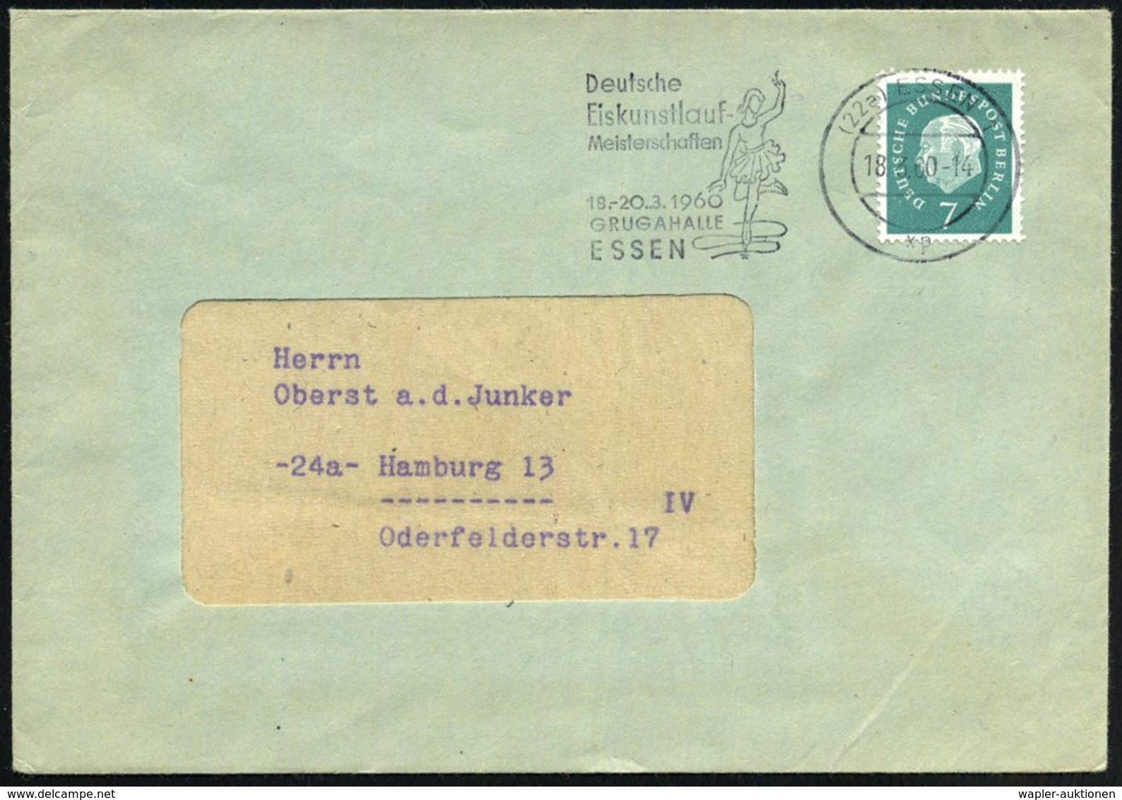 1960 (18.3.) (22 A) ESSEN 1, Maschinen-Werbestempel: Deutsche Eiskunstlauf Meisterschaften, GRUGAHALLE = Eiskunstläuferi - Other & Unclassified