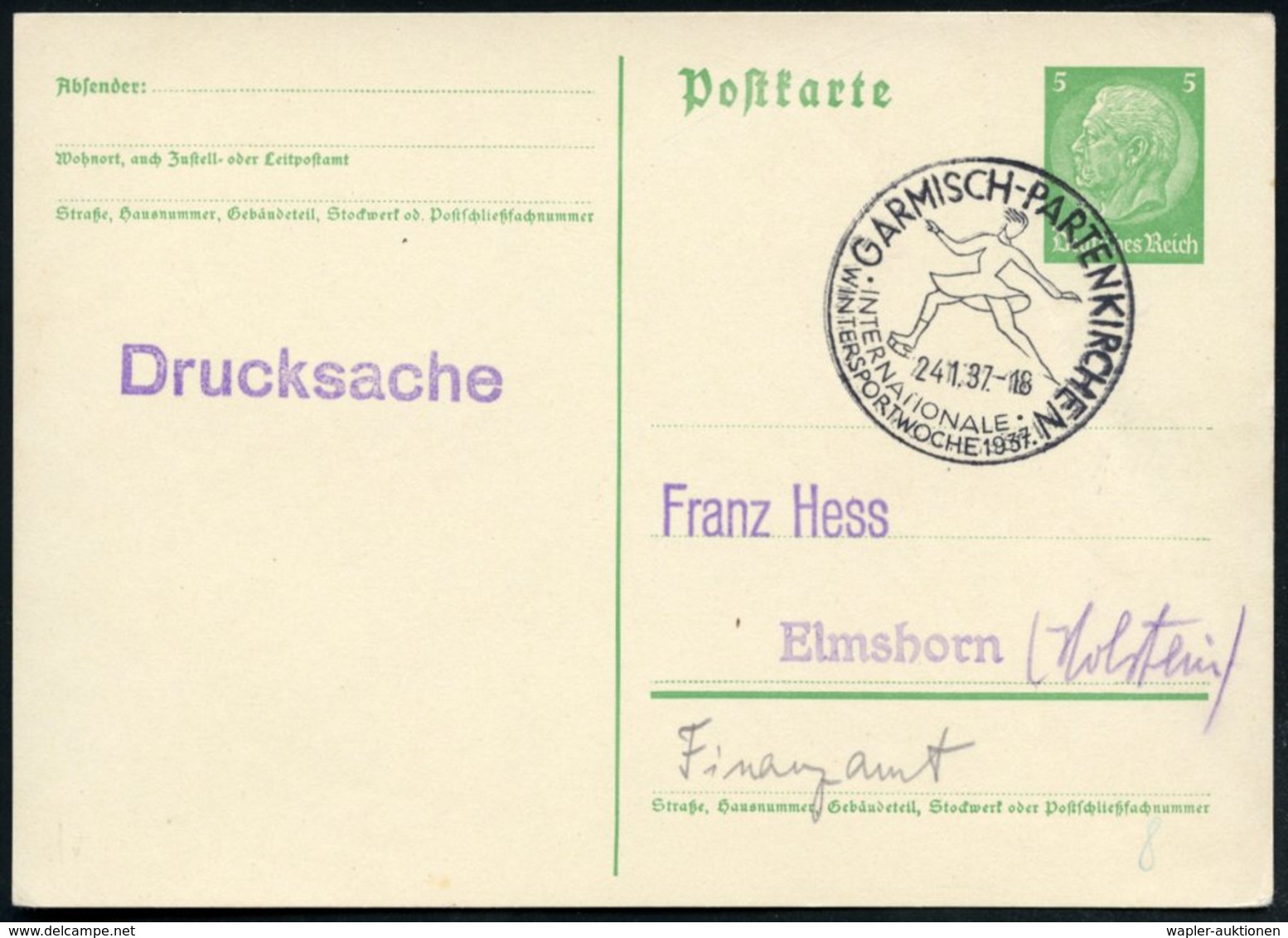 1937 (Jan.) GARMISCH-PARTENKIRCHEN, Sonderstempel: INTERNATIONALE WINTERSPORTWOCHE 1937 = Eiskunstläuferin, Inl.-Karte ( - Other & Unclassified