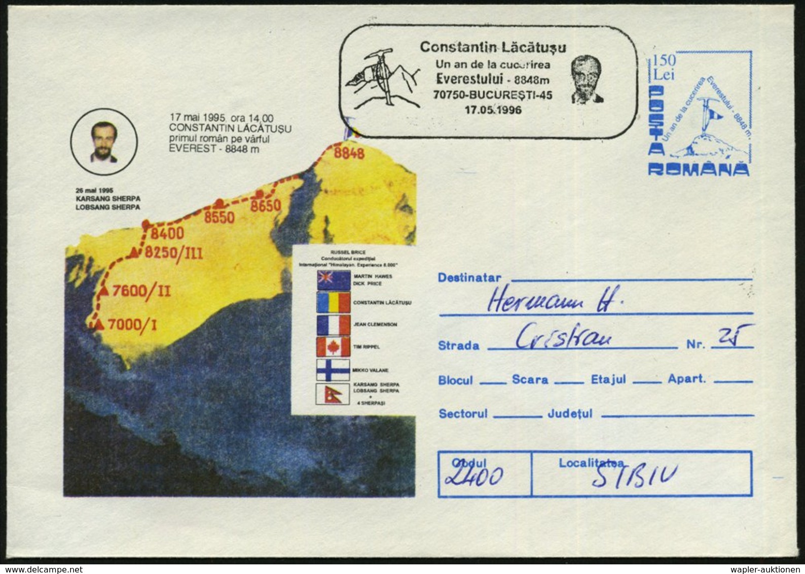 1995 (17.5.) RUMÄNIEN, 150 Lei Sonder-Ganzsachen-Umschlag; Rumänische Erstbesteigung Des Mt. Everest Durch Constantin La - Sonstige & Ohne Zuordnung
