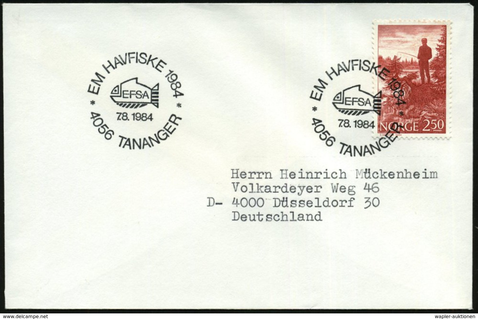 1984 (7.8.) NORWEGEN, Sonderstempel: 4056 TANANGER; EM HAVFISKE 1984 EFSA = Angel-EM, Passende EF 2,50 Kr. Angler, Ausl. - Other & Unclassified