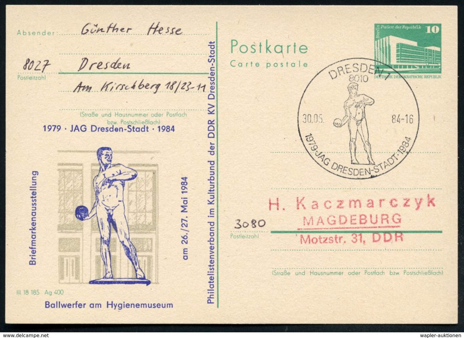 1984 (30.5.) 8010 DRESDEN 1, 10 Pf. Amtl. Ganzsache PdR., Grün + Amtl. Zudruck: Ballwerfer Am Hygienemuseum (Skulptur) M - Other & Unclassified