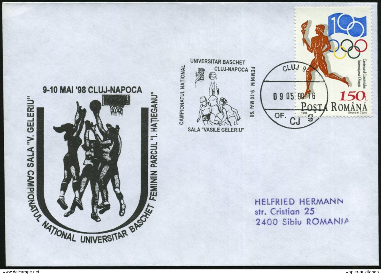 1998 (9.5.) RUMÄNIEN, Fahnen-Sonderstempel: CLUJ 9, Nationale Basketball-Meisterschaft Der Frauen (Spielszene) Motiv-ähn - Otros & Sin Clasificación