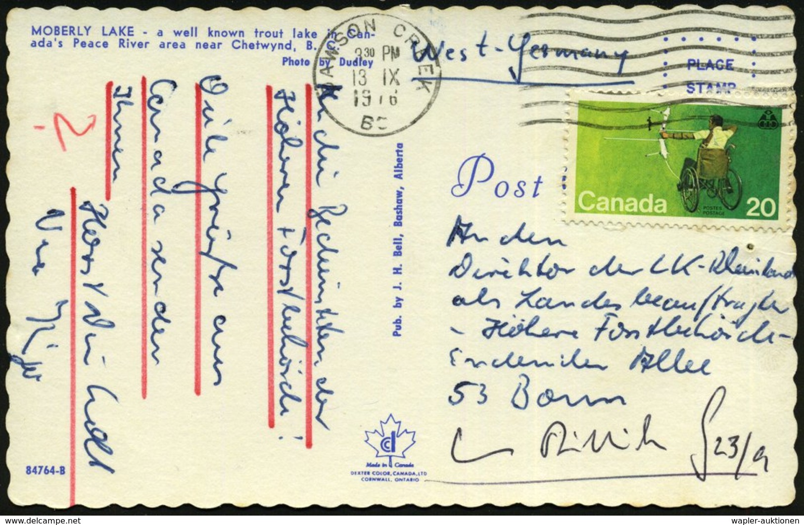 1976 CANADA, 20 C. "XXV. Weltspiele Der Gelähmten, Toronto", EF = Rollstuhl-Bogenschütze, Bedarfs-Überseekarte (Mi.633 E - Altri & Non Classificati