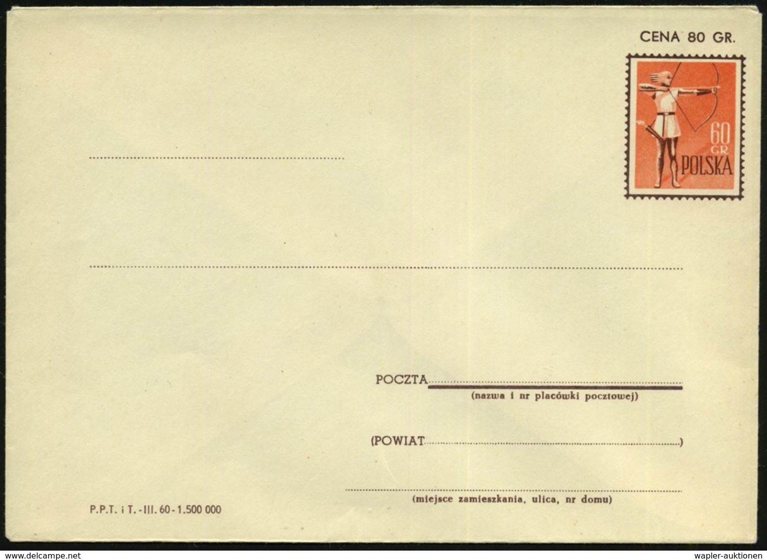 1960 POLEN, 60 Gr. Sonder-Ganzsachen-Umschlag: Bogenschützin, Ungebr. (Mi.U 33/III 60) - Bogenschießen & Armbrust / Arch - Autres & Non Classés