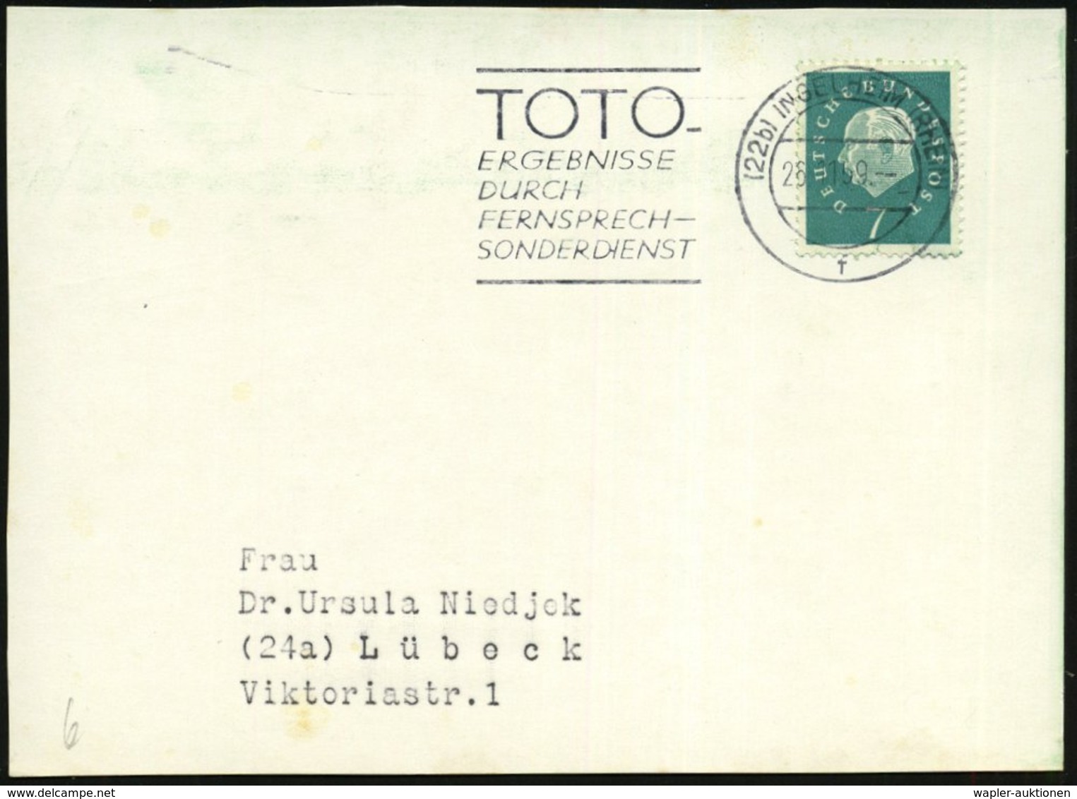 1959 (22 B) INGELHEIM (RHEIN), Maschinen-Werbestempel: TOTO-ERGEBNISSE DURCH FERNSPRECH-SONDERDIENST (= Fußball-Ergebnis - Other & Unclassified