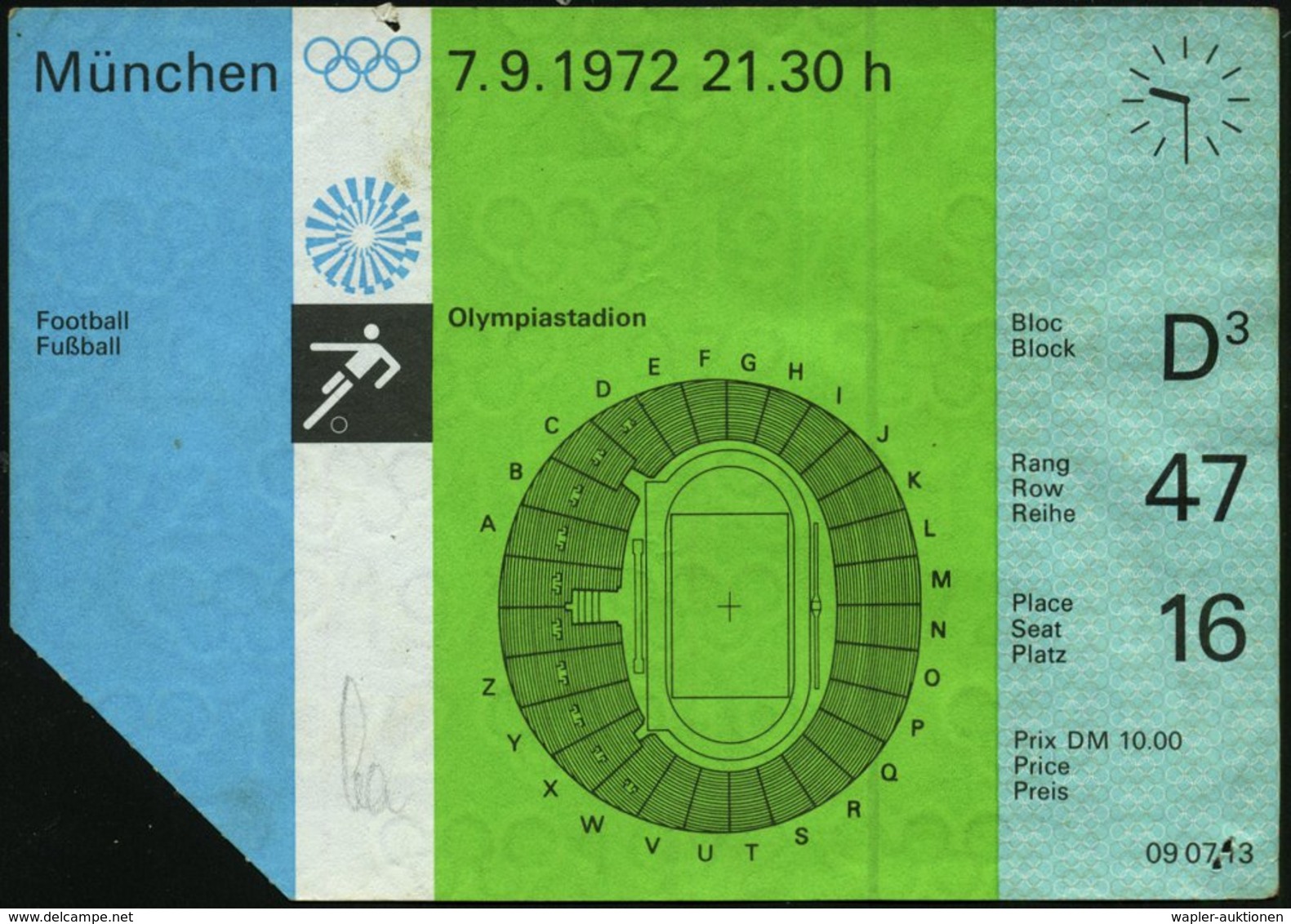 1972 (7.9.) München, Orig. Eintrittskarte Fußball Um 21.30 H Mit Fußball-Piktogramm U. Stadion (schwache Mittelfalte), R - Other & Unclassified