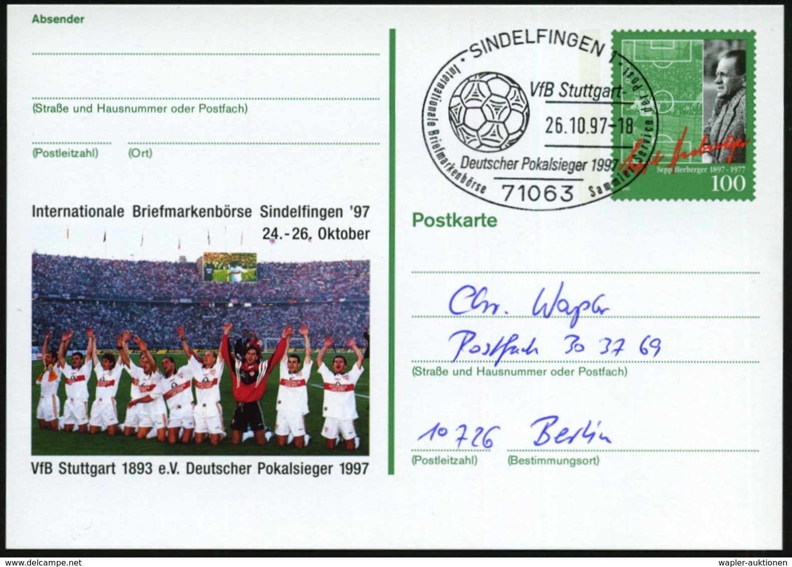 1997 (26.10.) 71063 SINDELFINGEN 1, Sonderstempel: VfB Stuttgart, Deutscher Pokalsieger 1997 (Fußball) Auf Passender Son - Other & Unclassified