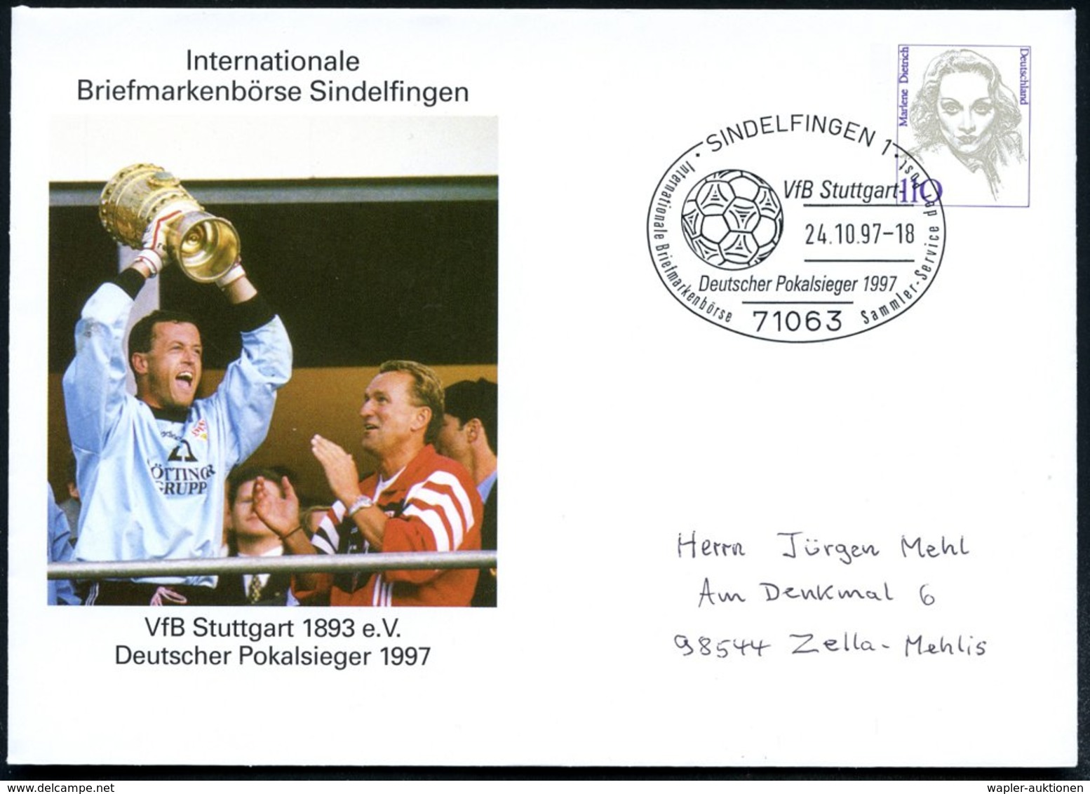 1997 (24.10.) B.R.D., PU 110 Pf. M. Dietrich: VfB Stuttgart.. Deutscher Pokalsieger 1997 + Passender Sonderstempel: 7106 - Other & Unclassified