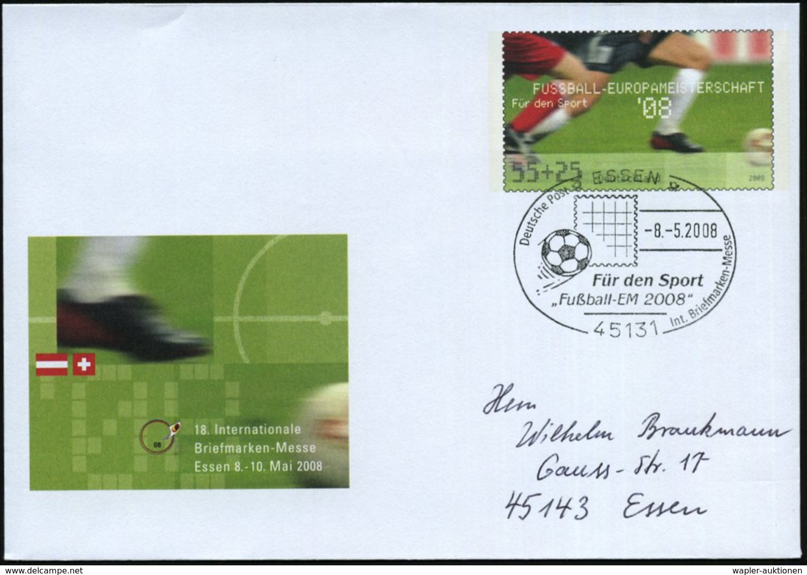 2008 (8.5.) 45131 ESSEN, 55 + 25 C. Sonder-Ganzsachen-Umschlag "Fussball-Europameisterschaft 08" + Passender Sonderstemp - Sonstige & Ohne Zuordnung
