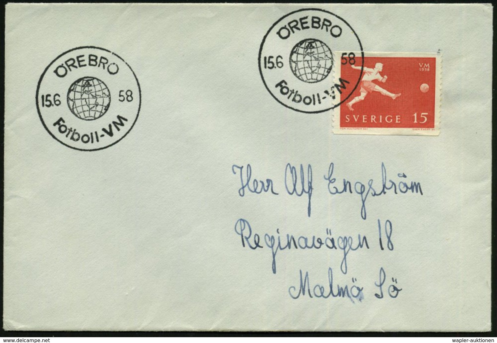 1958 SCHWEDEN, Sonderstempel: ÖREBRO, Fotboll-WM (Globus) Auf Passender EF 15 Öre Fußball-WM, Ausl.-Brief (Mi.438 EF) -  - Other & Unclassified