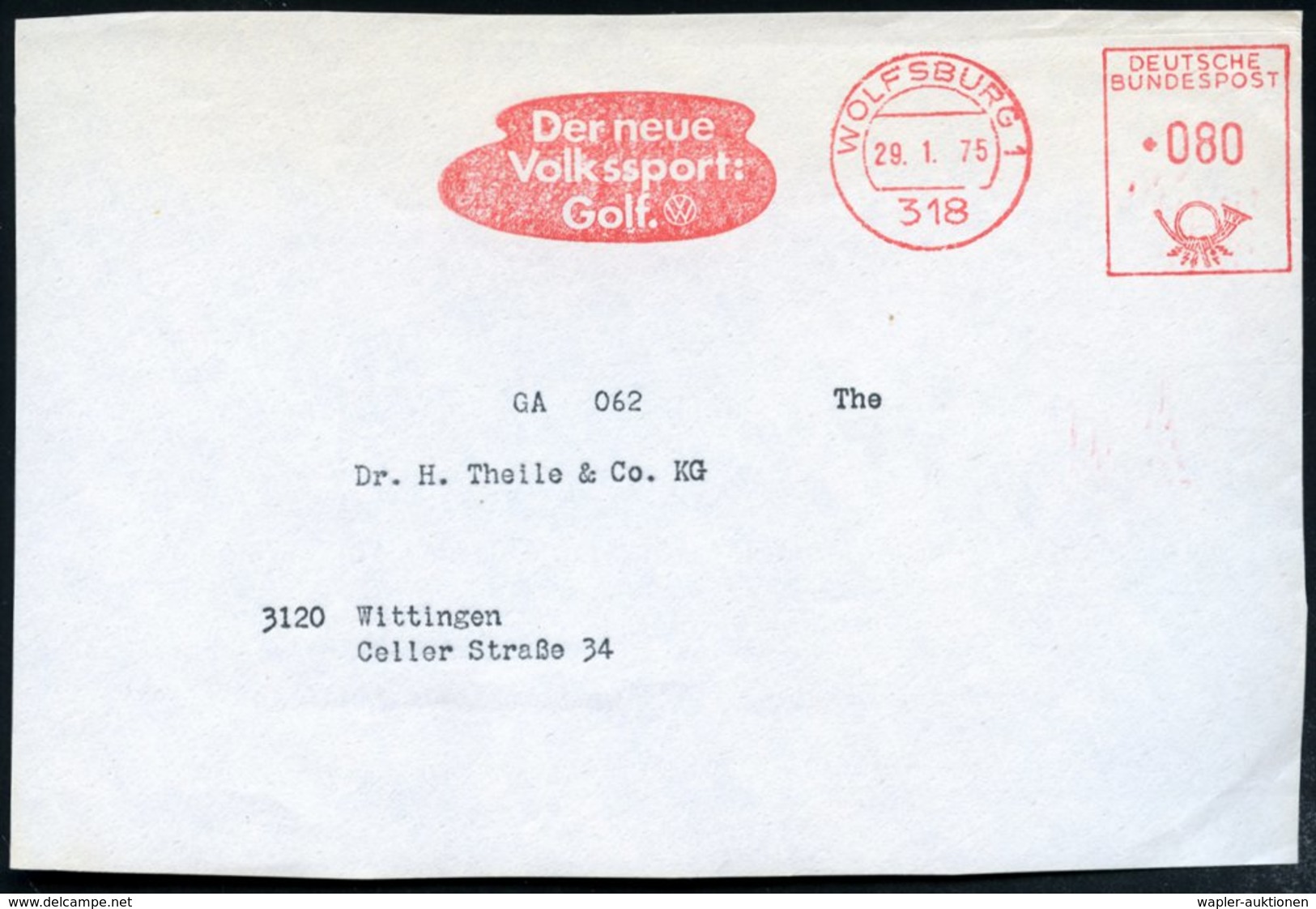 1975 (29.1.) 318 WOLFSBURG 1, Absender-Freistempel: Der Neue Volkssport: Golf (VW), Bedarfs-Vorderseite - Golf & Minigol - Other & Unclassified