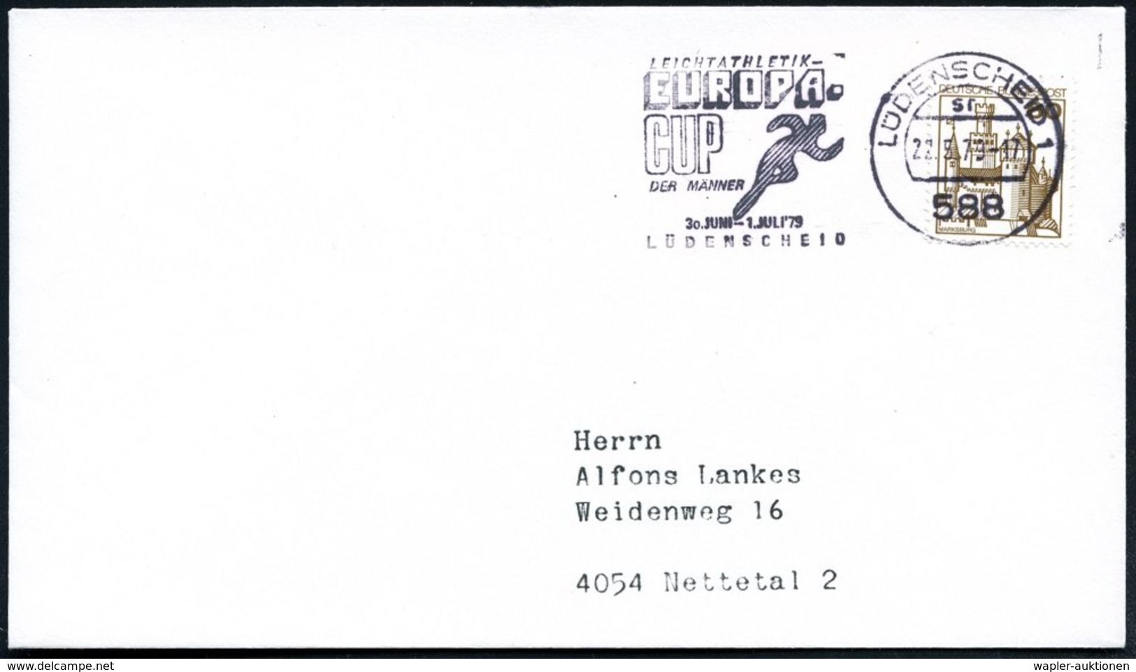 1979 (22.5.) 588 LÜDENSCHEID 1, Maschinen-Werbestempel: LEICHTATHLETIK-EUROPA-CUP DER MÄNNER.. (Piktogramm Läufer) Inl.- - Other & Unclassified