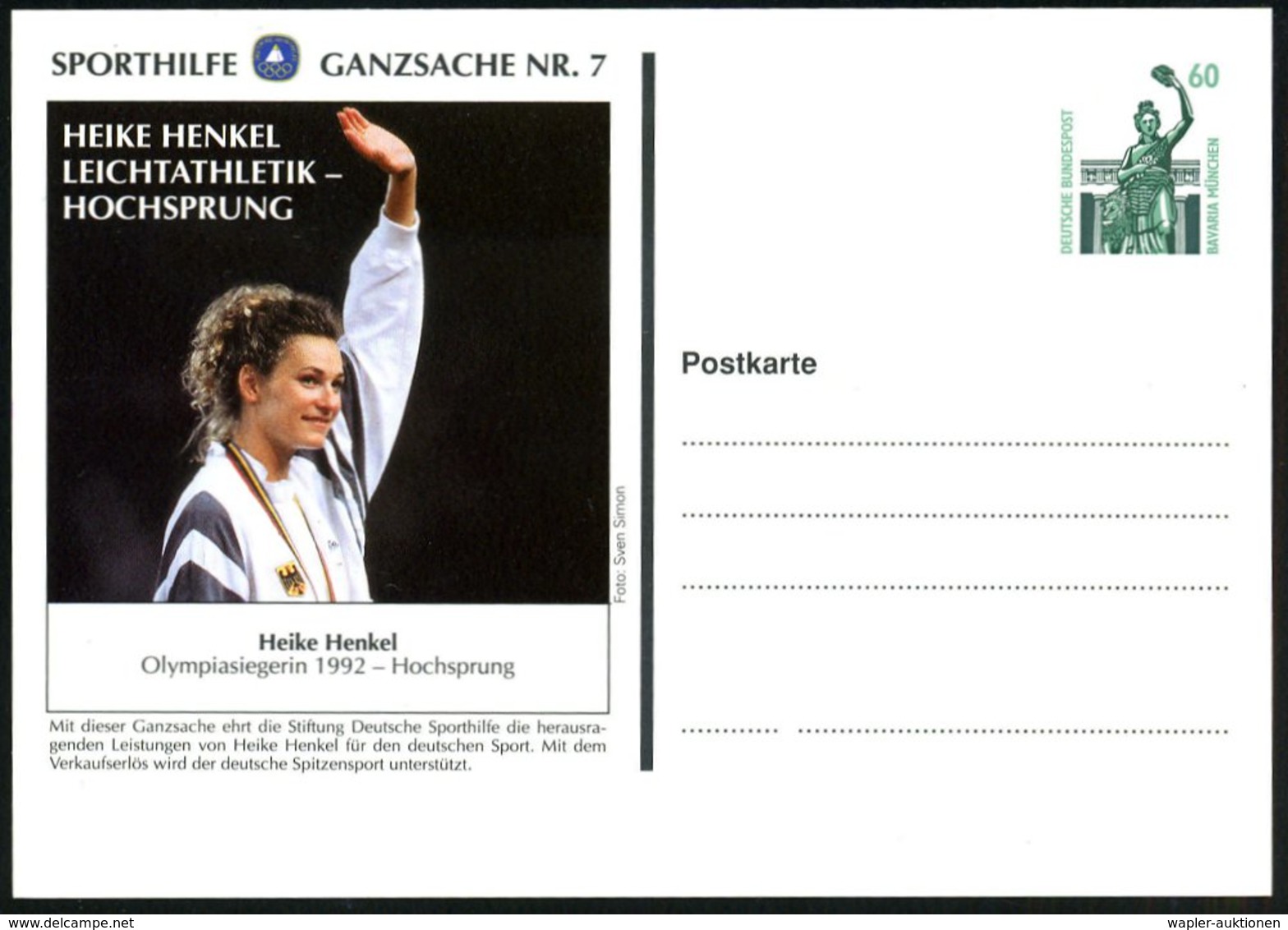 1992 B.R.D., PP 60 Pf. Bavaria, Grün: Sporthilfe Ganzsache Nr.7, Heike Henkel.. Hochsprung (Gold, Olympiade 1992) Ungebr - Autres & Non Classés
