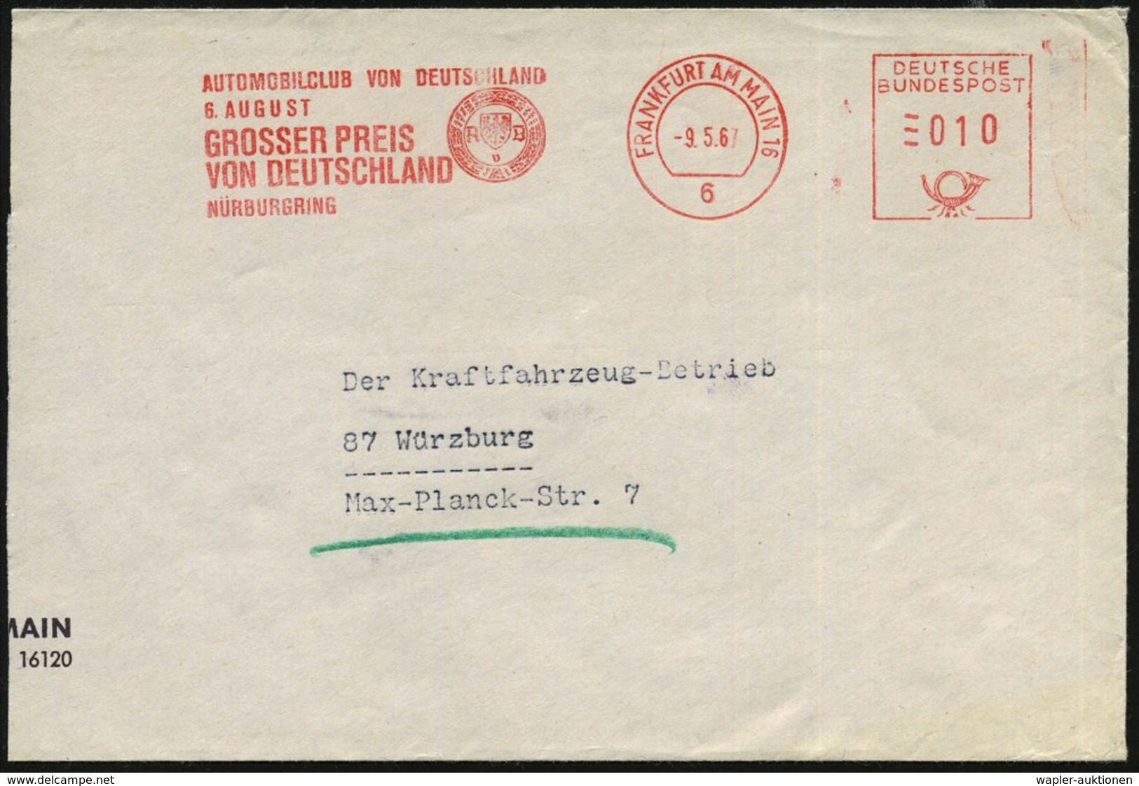 1967 6 FRANKFURT AM MAIN 16, Absender-Freistempel: AUTOMOBILCLUB VON DEUTSCHLAND, 6. AUGUST, GROSSER PREIS VON DEUTSCHLA - Autres & Non Classés