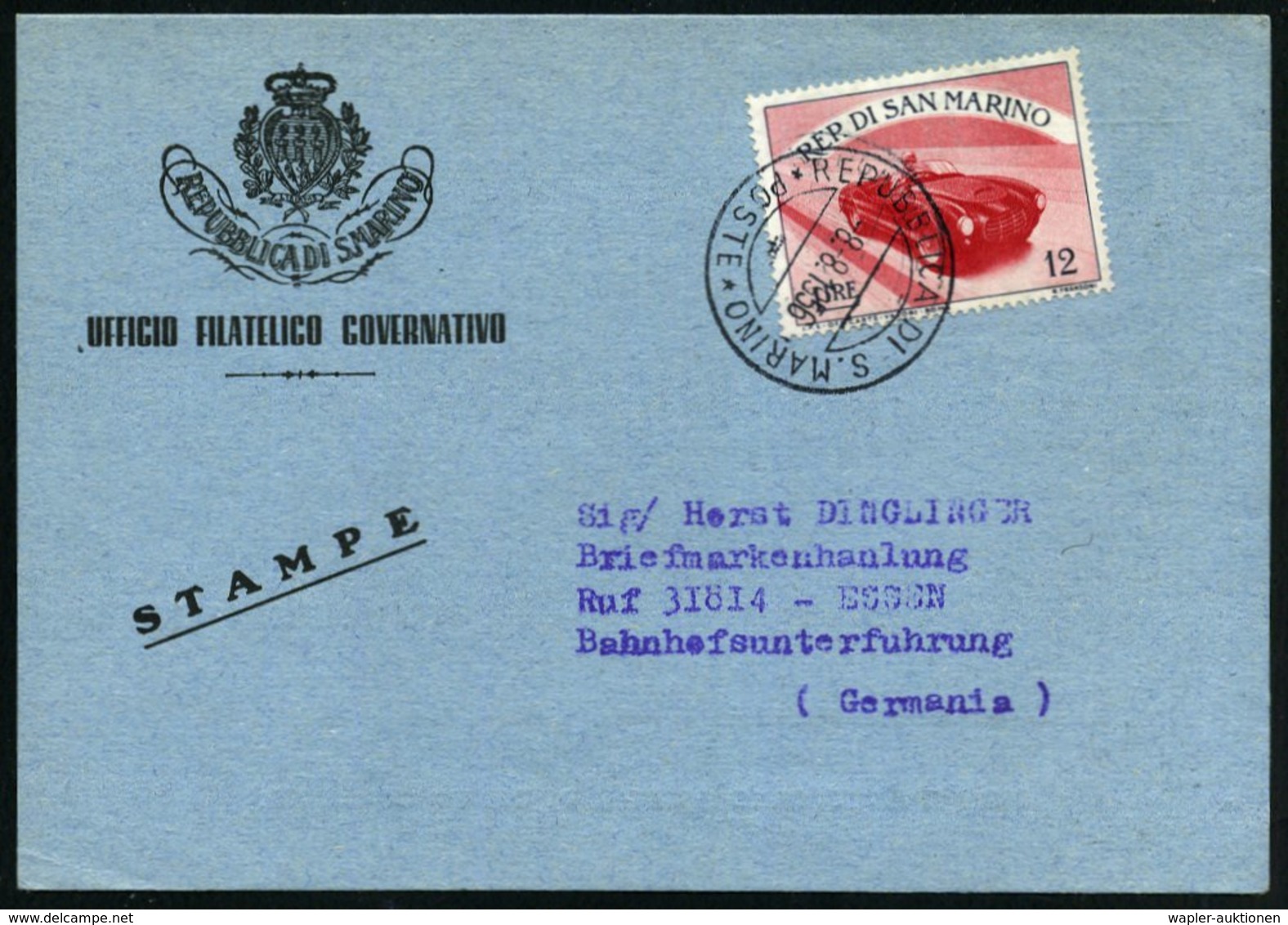 1956 (8.8.) SAN MARINO, 12 L. Rennsport, EF = Maserati, Klar Gest. Ausl.-Karte Der Versandstelle (Mi.519 EF) - Motorspor - Other & Unclassified