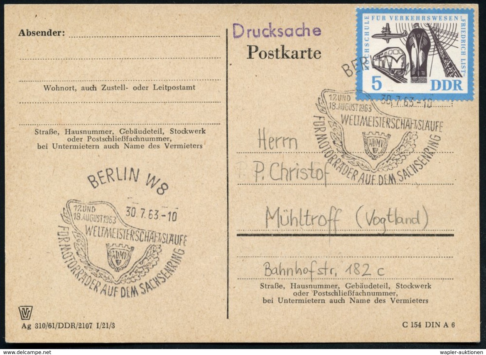 1963 (30.7.) BERLIN W 8, Sonderstempel: WELTMEISTERSCHAFTSLÄUFE FÜR MOTORRÄDER AUF DEM SACHSENRING (Rundkurs, ADMV-Logo  - Other & Unclassified