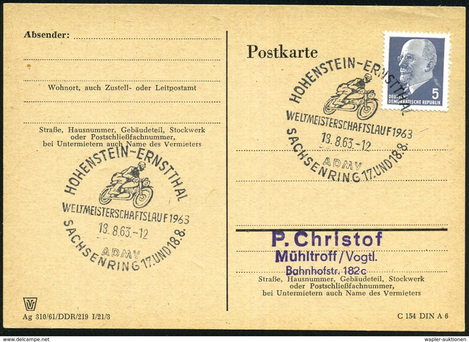 1963 (18.8.) HOHENSTEIN-ERNSTTHAL 1, Sonderstempel: WELTMEISTERSCHAFTSLAUF 1963, ADMV, SACHSENRING 18.8. (Renn-Motorrad) - Other & Unclassified