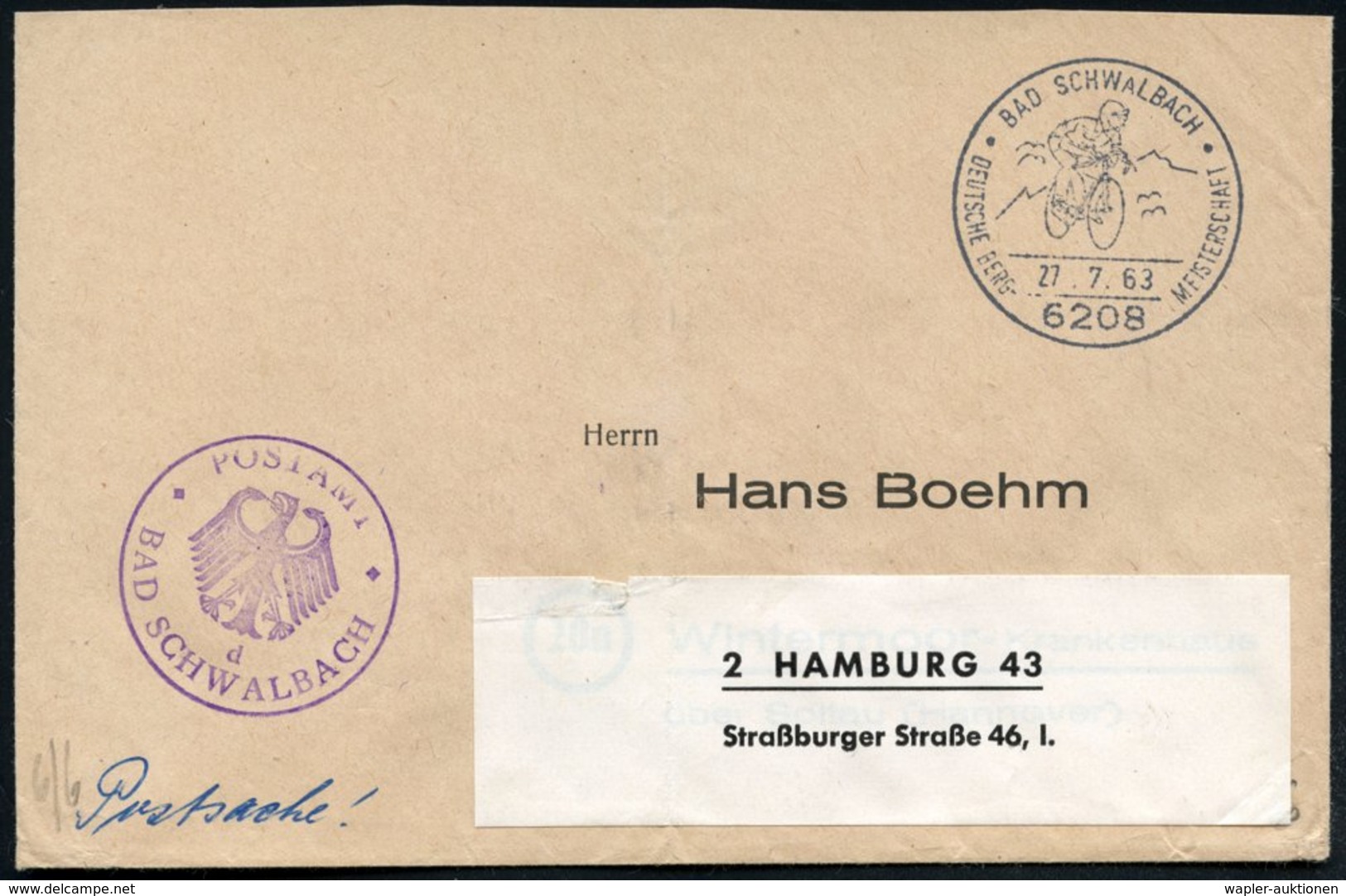 1963 (27.7.) 6208 BAD SCHWARTAU, Sonderstempel: DEUTSCHE BERGMEISTERSCHAFT (Rennradler Vor Bergen) + Viol. Nebenstempel: - Other & Unclassified