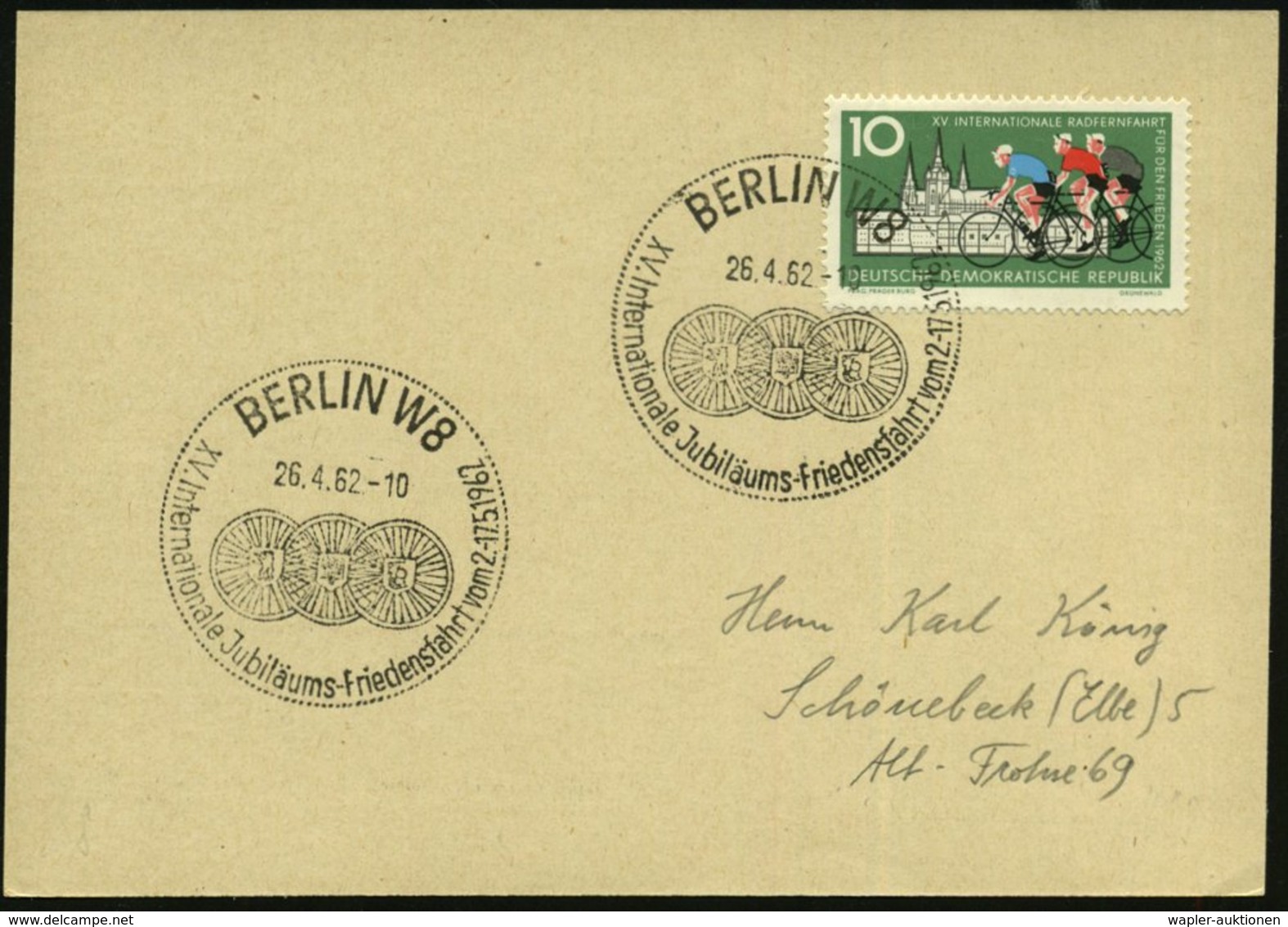 1962 (26.4.) BERLIN W 8, Sonderstempel: XV. Internat. Jubiläums-Friedensfahrt (3 Speichenräder) Auf Passender EF 10 Pf.  - Other & Unclassified