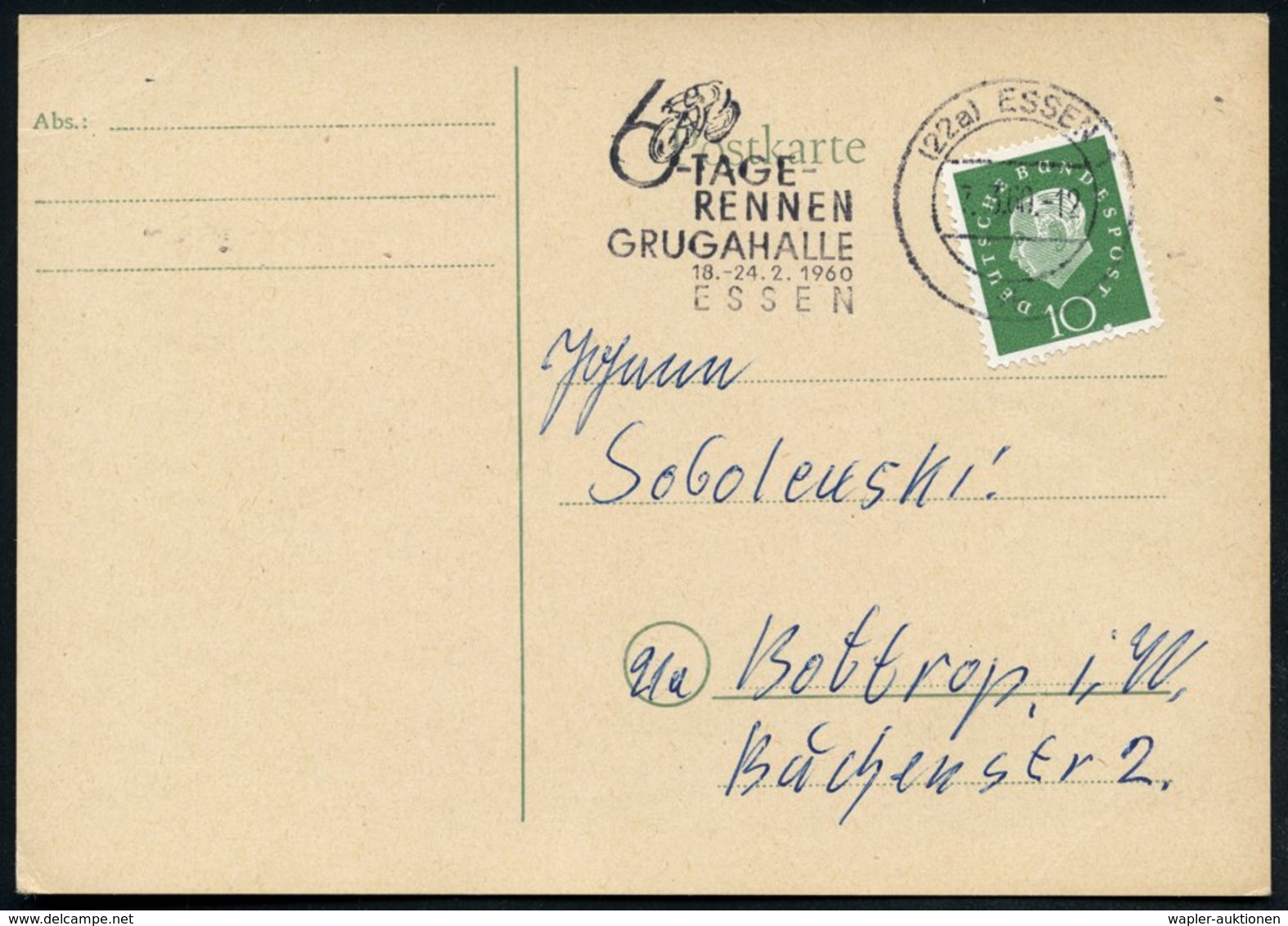 1960 (7.3.) (22 A) ESSEN 1, Maschinen-Werbestempel: 6-TAGE-RENNEN GRUGAHALLE.. (Radrennfahrer) Inl.-Karte (Bo.110 A III  - Sonstige & Ohne Zuordnung