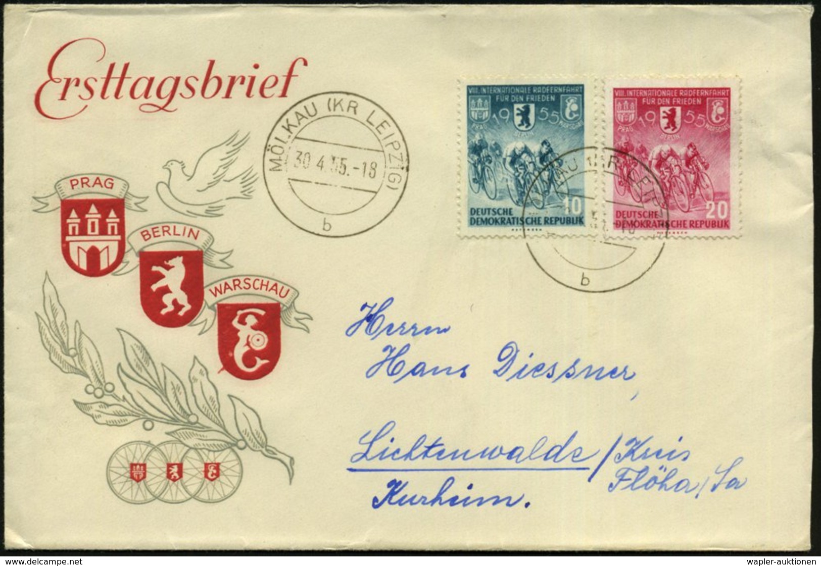 1955 (40.4.) D.D.R., 10 Pf. U. 20 Pf. "VIII. Internat Friedensfahrt", Kompl. Satz + Tagesstempel (MÖLKAU) Bedarfs-FDC-So - Sonstige & Ohne Zuordnung