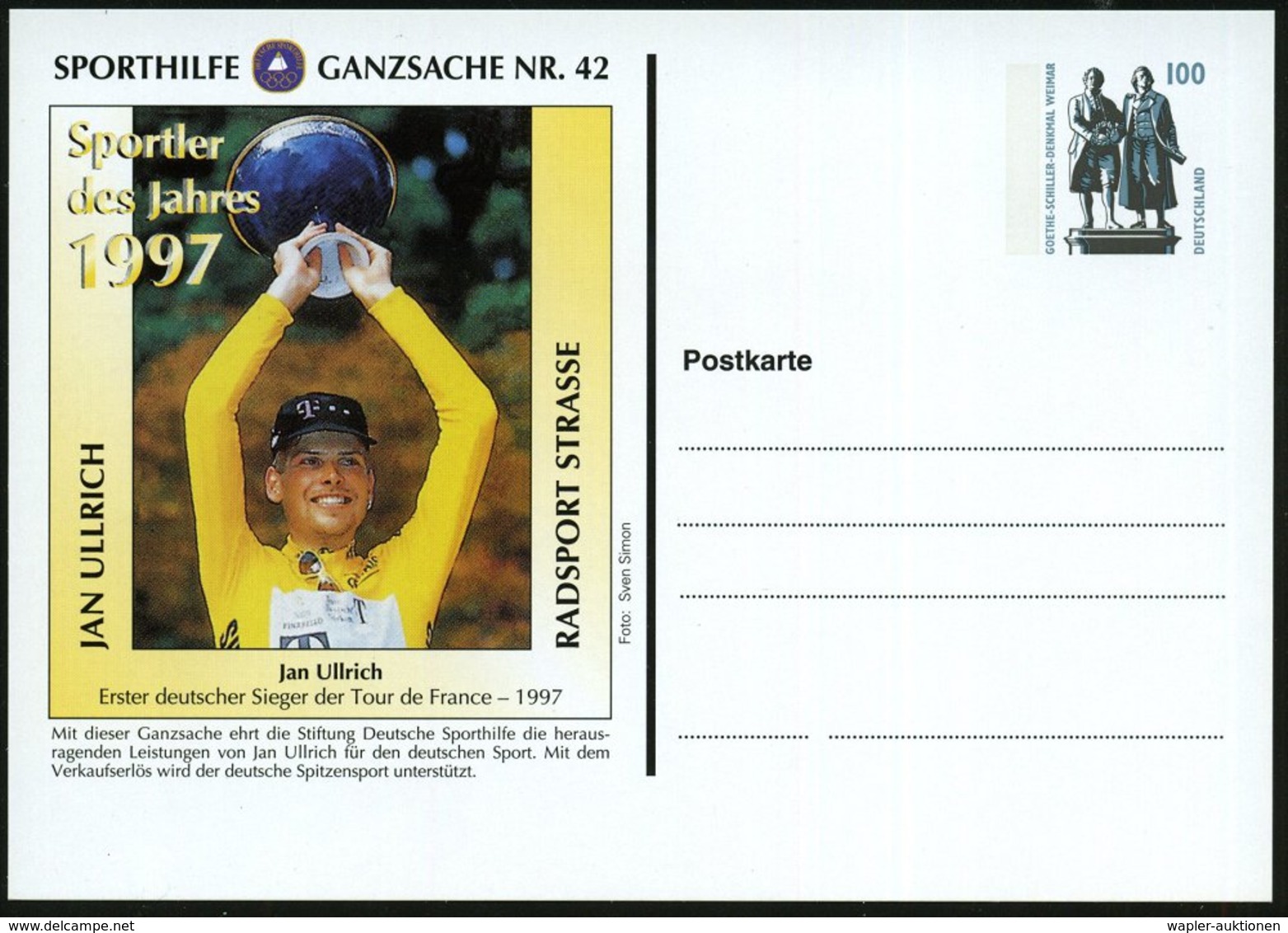 1997 B.R.D., PP 100 Pf. Goethe/ Schiller: SPORTHILFE GANZSACHE Nr.42  "Sportler Des Jahres", Jan Ullrich, Erster Deutsch - Other & Unclassified