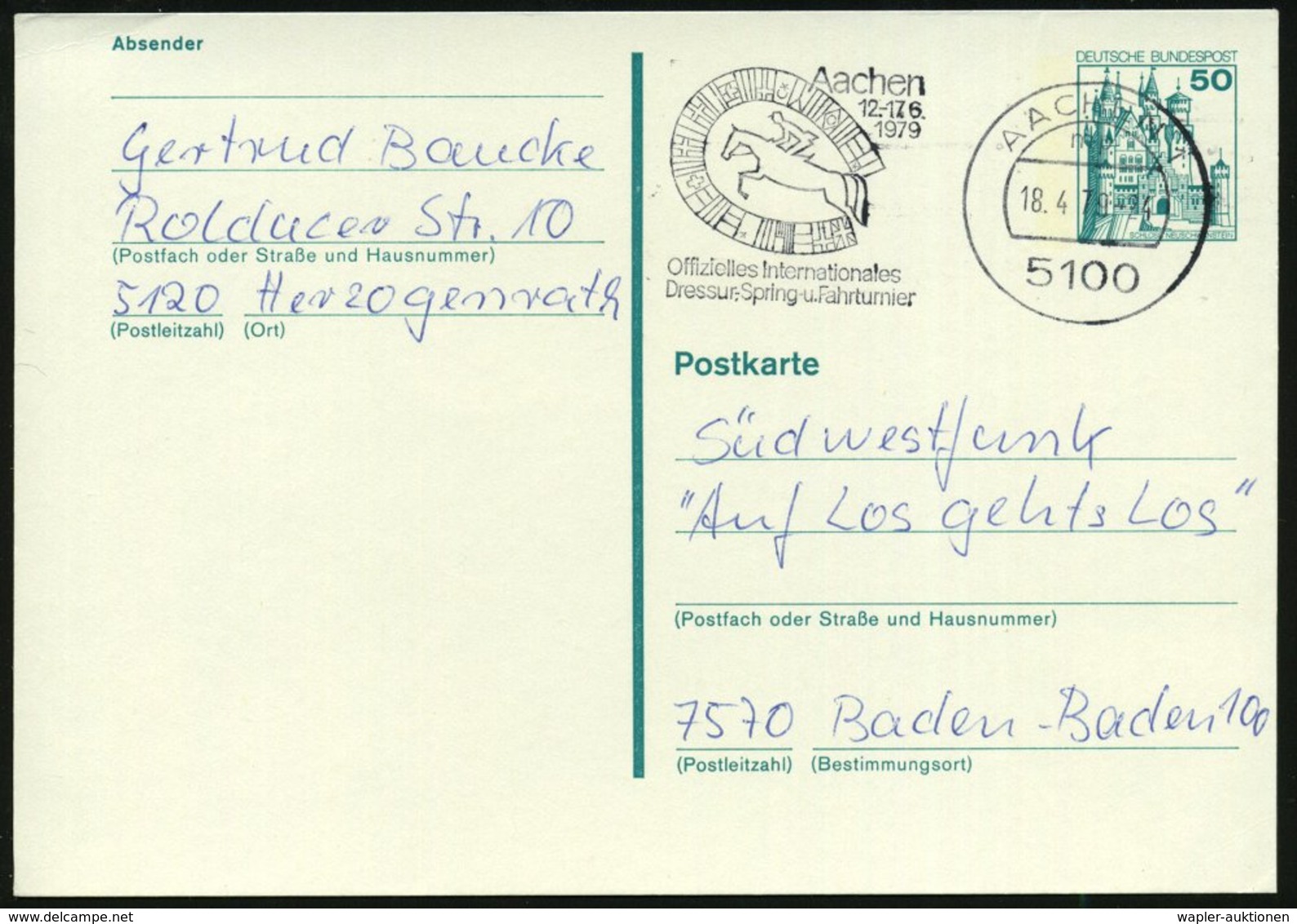 1979 (Apr.) 5100 AACHEN 1, Maschinen-Werbestempel: Offiz. Internat. Dressur-, Spring- U. Fahrturnier (Flaggen-Hufeisen,  - Other & Unclassified