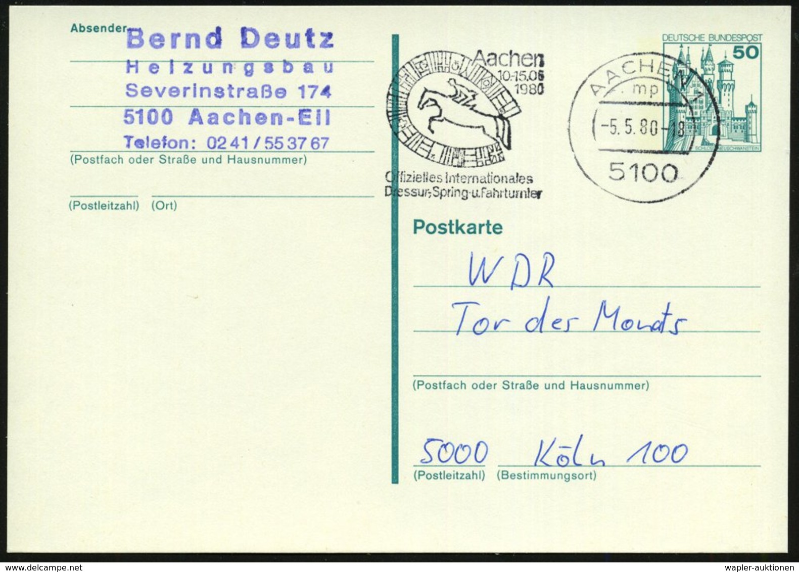 1980 (5.5.) 5100 AACHEN 1, Maschinen-Werbestempel: Offiz. Internat. Dressur-, Spring- U. Fahrturnier 1980 (Flaggen-Hufei - Other & Unclassified