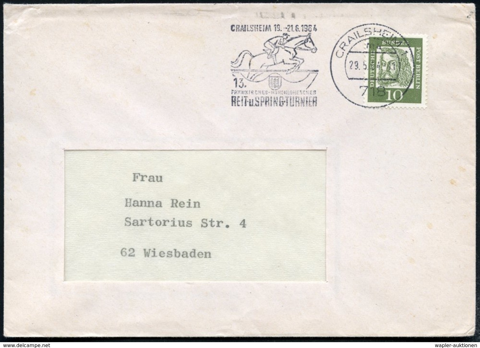 1964 (29.5.) 718 CRAILSHEIM 1, Maschinen-Werbestempel: 13. FRÄNKISCHES.. REIT- U. SPRINGTURNIER (Springreiter) Inl.-Brie - Sonstige & Ohne Zuordnung