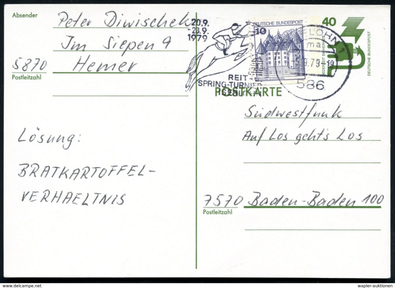 1979 (5.9.) 586 ISERLOHN 1, Maschinen-Werbestempel: 1979 REIT- U. SPRING-TURNIER (Springreiter) Bedarfskarte (Bo.55 A) - - Other & Unclassified