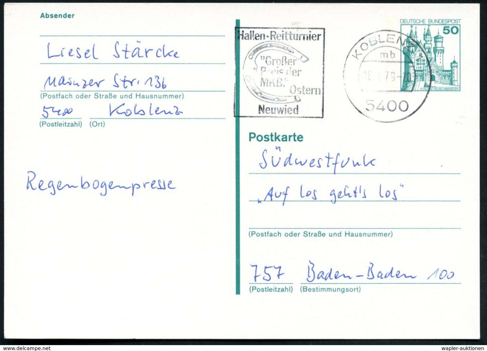 1979 (18.4.) 5400 KOBLENZ 1, Maschinen-Werbestempel: Hallen-Reitturnier "Großer Preis Der MKB.".. (Hufeisen) Bedarfskart - Other & Unclassified