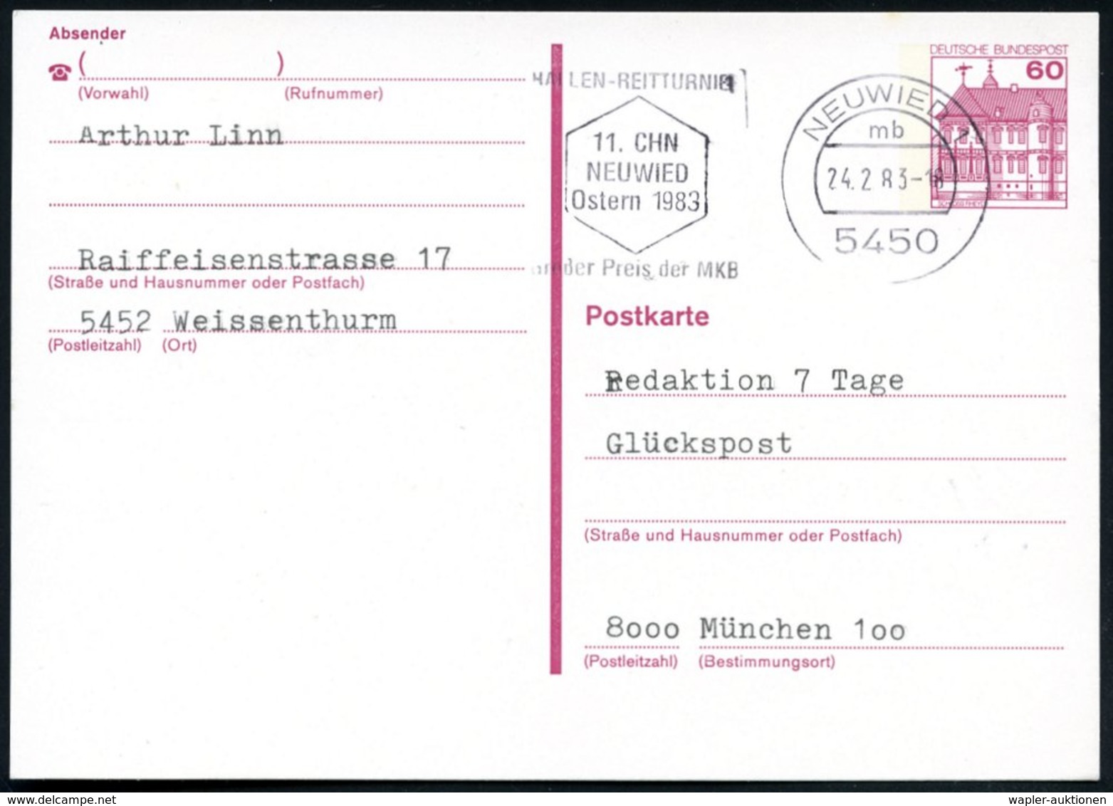 1983 (24.2.) 5450 NEUWIED 1, Maschinen-Werbestempel: HALLEN-REITTURNIER, 11. CHN.. Großer Preis Der MKB, Bedarfskarte (B - Sonstige & Ohne Zuordnung
