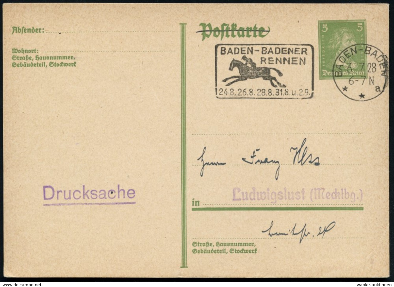 1928 (3.7.) BADEN-BADEN, Maschinen-Werbestempel: BADEN-BADENER RENNEN, 24.8., 26.8., 28.8., 31.8 U. 2.9. (Galopp-Reiter) - Other & Unclassified