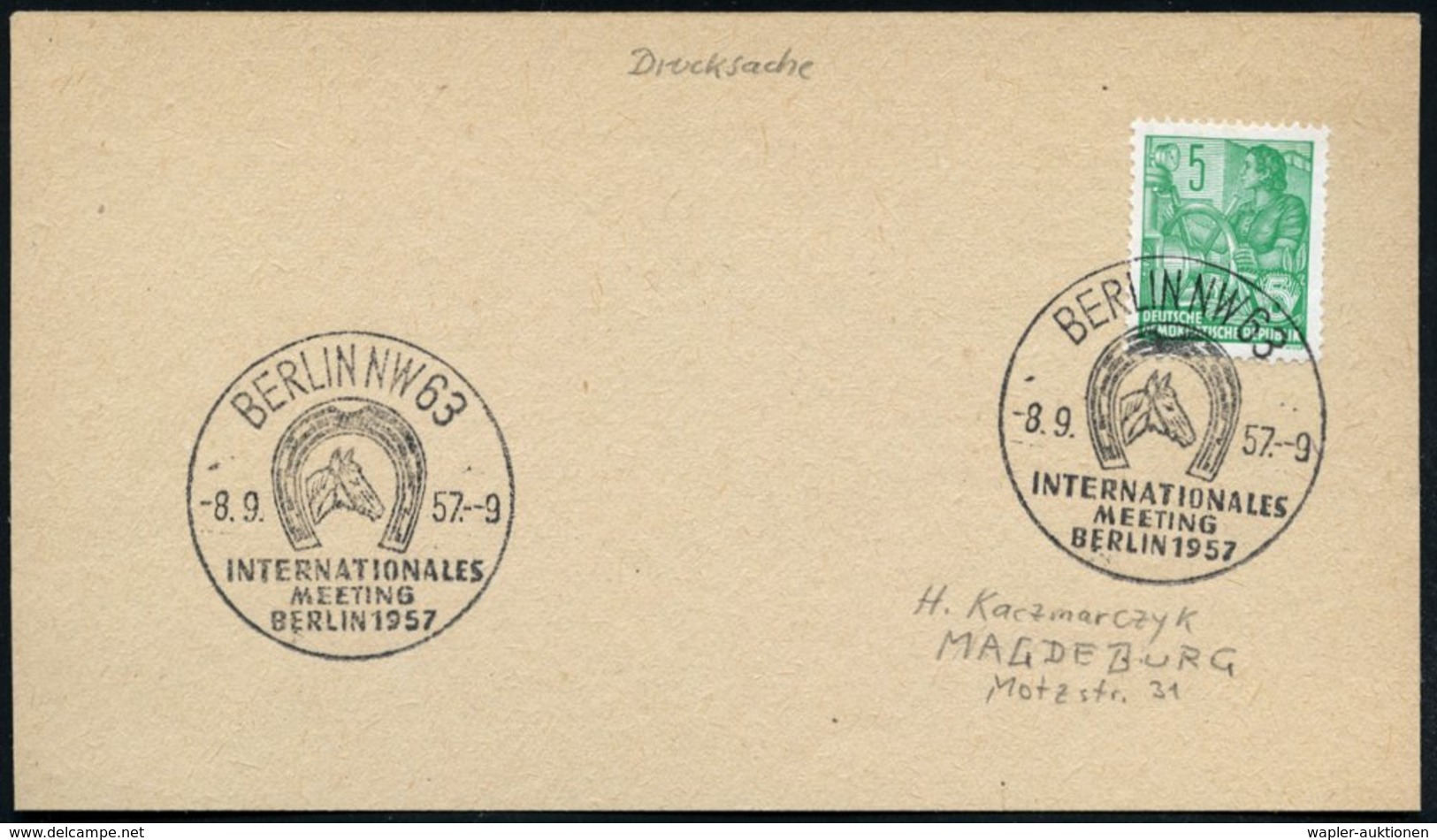 1957 (8.9.) BERLIN NW 63, Hand-Werbestempel: INTERNATIONALES MEETING (Hufeisen, Pferdekopf) Inl.-Karte (Bo.771) - Reitsp - Other & Unclassified