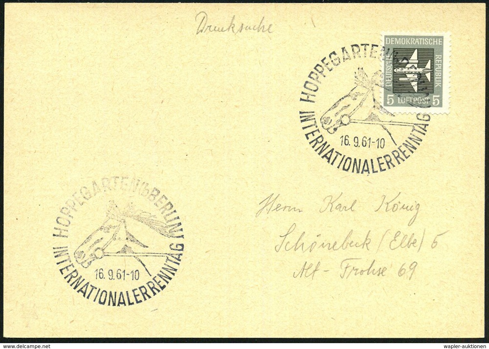 1961 (16.9.) HOPPEGARTEN (b BERLIN), Sonderstempel: INTERNATIONALER RENNTAG (Pferdekopf) Inl.-Karte (Bo.8, II. Verwendun - Other & Unclassified