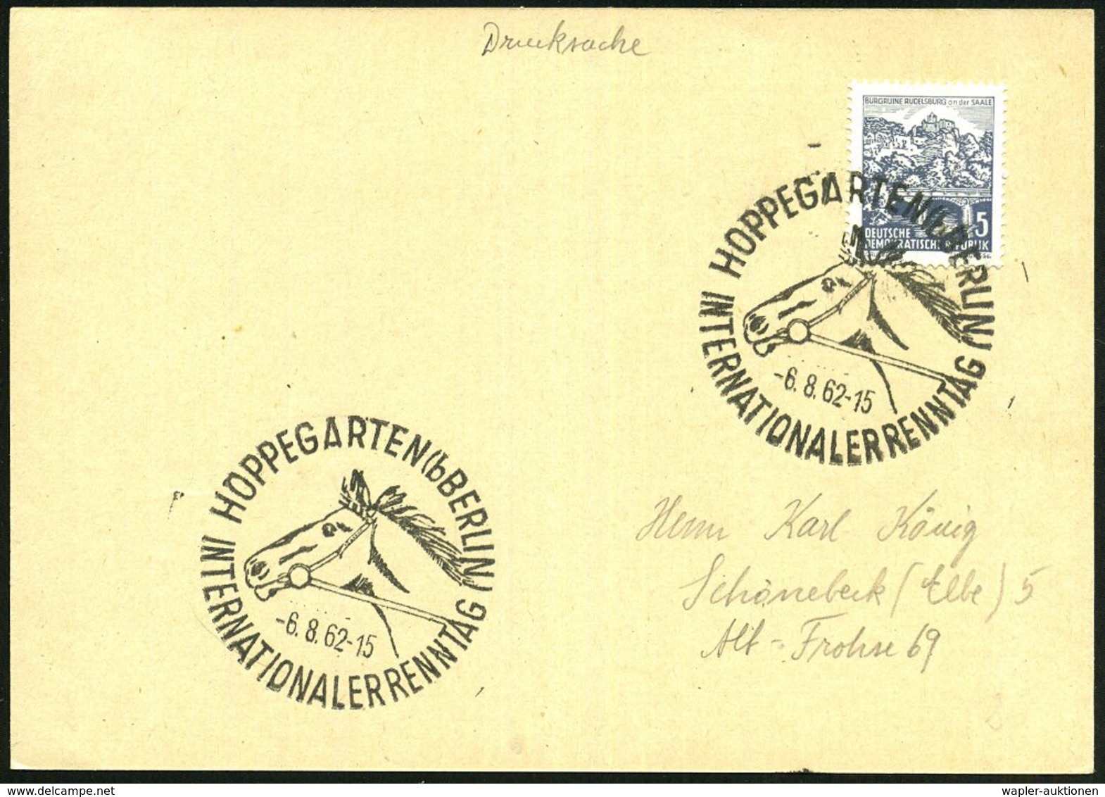 1962 (6.8.) HOPPEGARTEN (b BERLIN), Sonderstempel: INTERNATIONALER RENNTAG (Pferdekopf) Inl.-Karte (Bo.8, III. Verwendun - Other & Unclassified