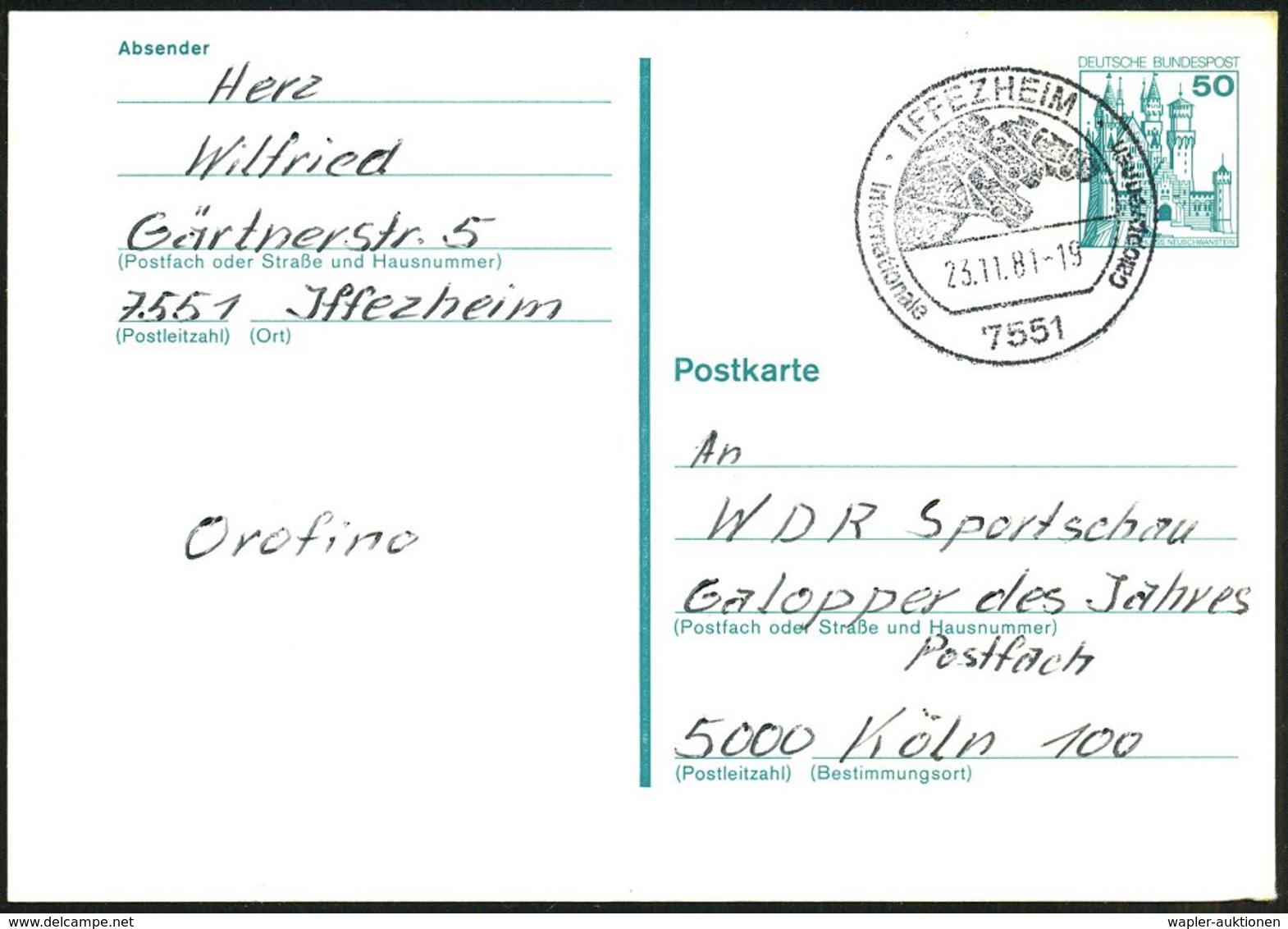 1981 7551 IFFEZHEIM, Handwerbestempel: Internat. Galopprennen (3 Pferdeköpfe) Bedarfskarte (Bo.5) - Reitsport: Galopp-Re - Other & Unclassified