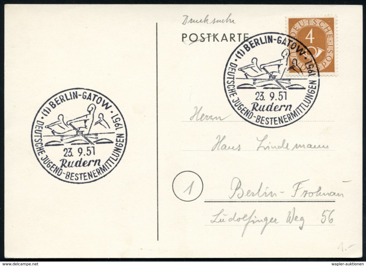 1951 (23.9.) (1) BERLIN-GATOW, Sonderstempel: Rudern, DEUTSCHE JUGEND-BESTENERMITTLUNG 1951 (Ruderer) Ortskarte (Bo.510, - Other & Unclassified