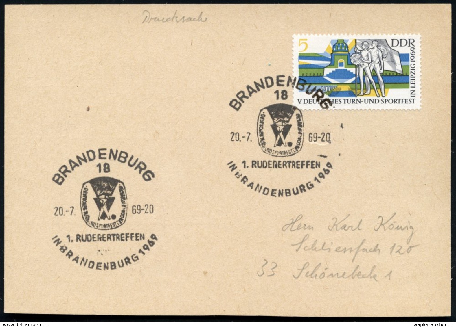 1969 (20.7.) 18 BRANDENBURG, Sonderstempel: 1. RUDERERTREFFEN IN BRANDENBURG 1969 (Logo) Inl.-Karte (Mi.1483 EF) - Ruder - Other & Unclassified