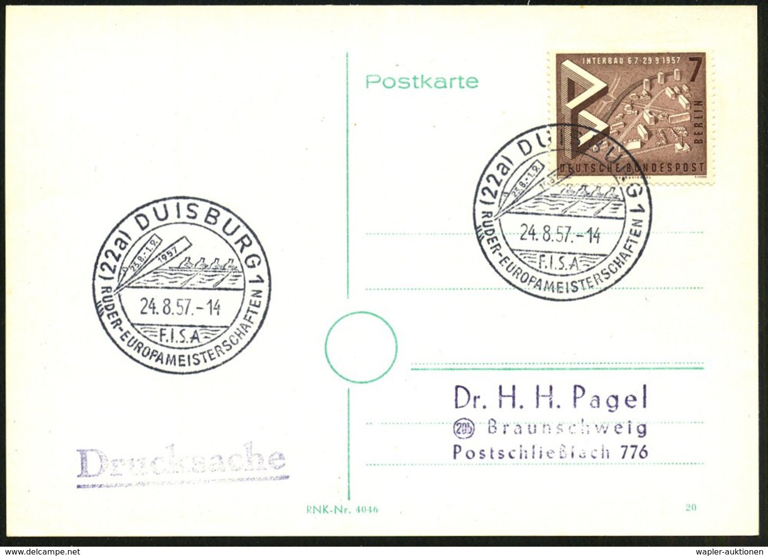 1957 (24.8.) (22 A) DUISBURG 1, Sonderstempel: F.I.S.A., RUDER-EUROPA-MEISTERSCHAFTEN(2 Ruder, 4er-Boot) Inl.-Karte (Bo. - Other & Unclassified