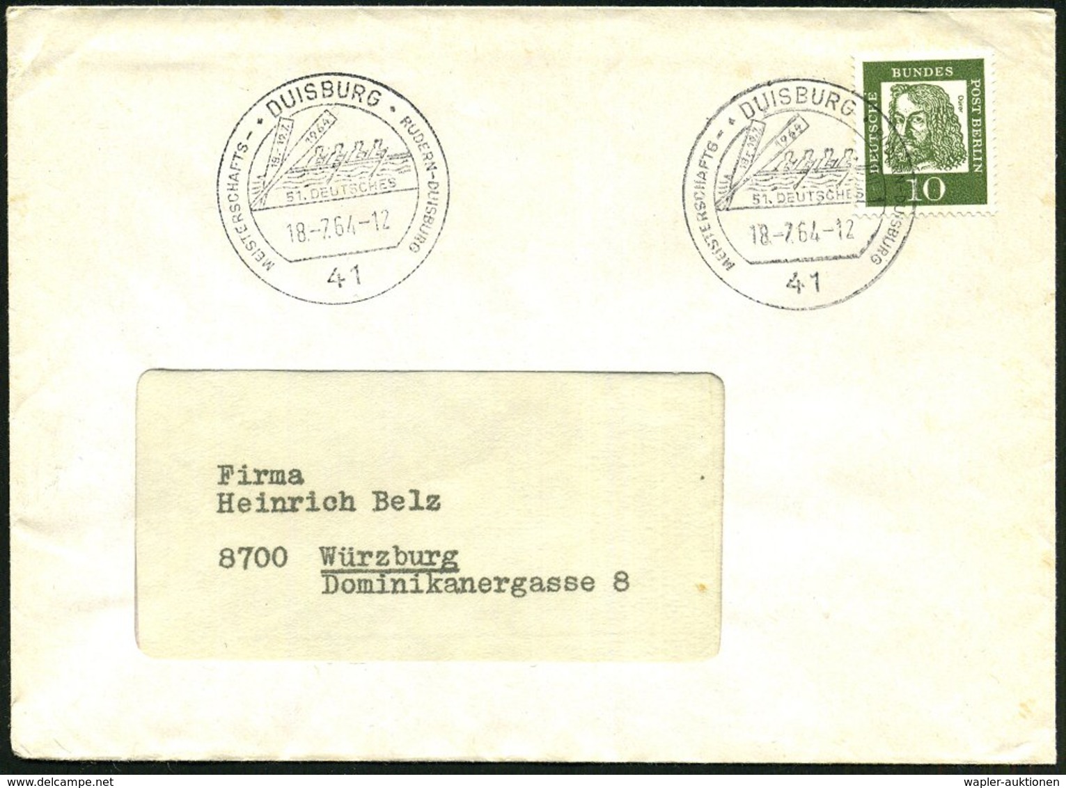 1964 (18.7.) 41 DUISBURG, Sonderstempel: 51. DEUTSCHES MEISTERSCHAFTS-RUDERN (2 Ruder, 4er-Boot) Inl.-Brief (Bo.33) - Ru - Other & Unclassified