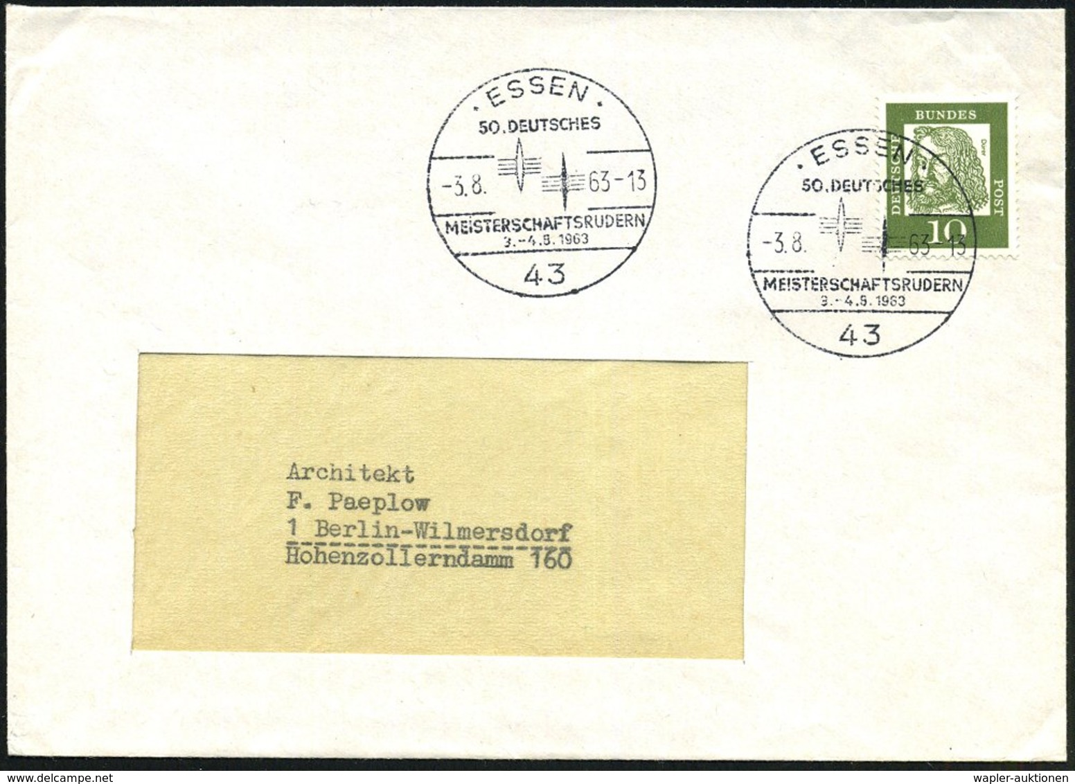 1963 (3.8.) 43 ESSEN, Sonderstempel: 50. DEUTSCHES MEISTERSCHAFTSRUDERN (2 Ruder 4er-Boote) Inl.-Brief (Bo.153) - Rudern - Other & Unclassified